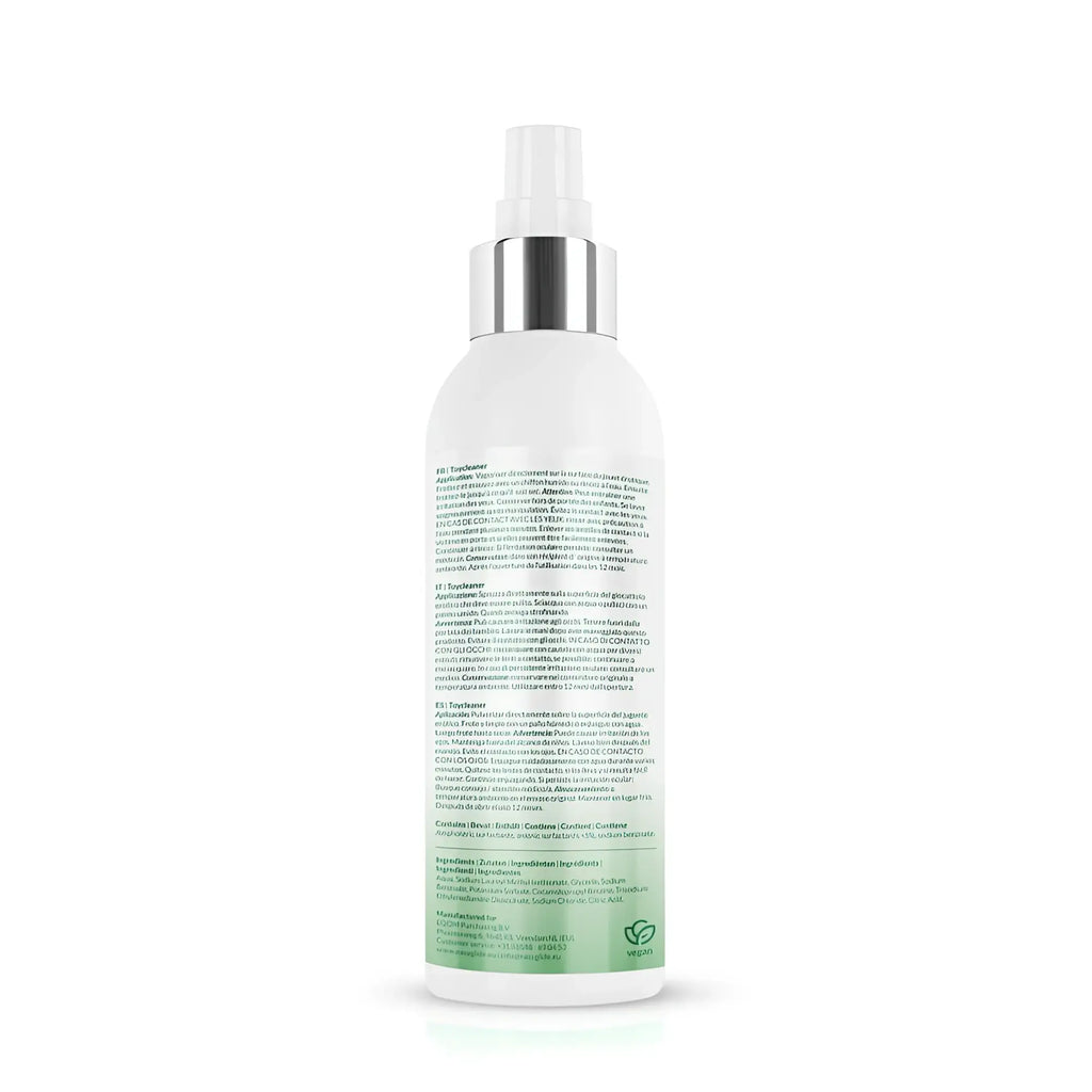 White plastic spray bottle with silver metallic cap and green label showing back of easyglide sensitive toy cleaner 150ml