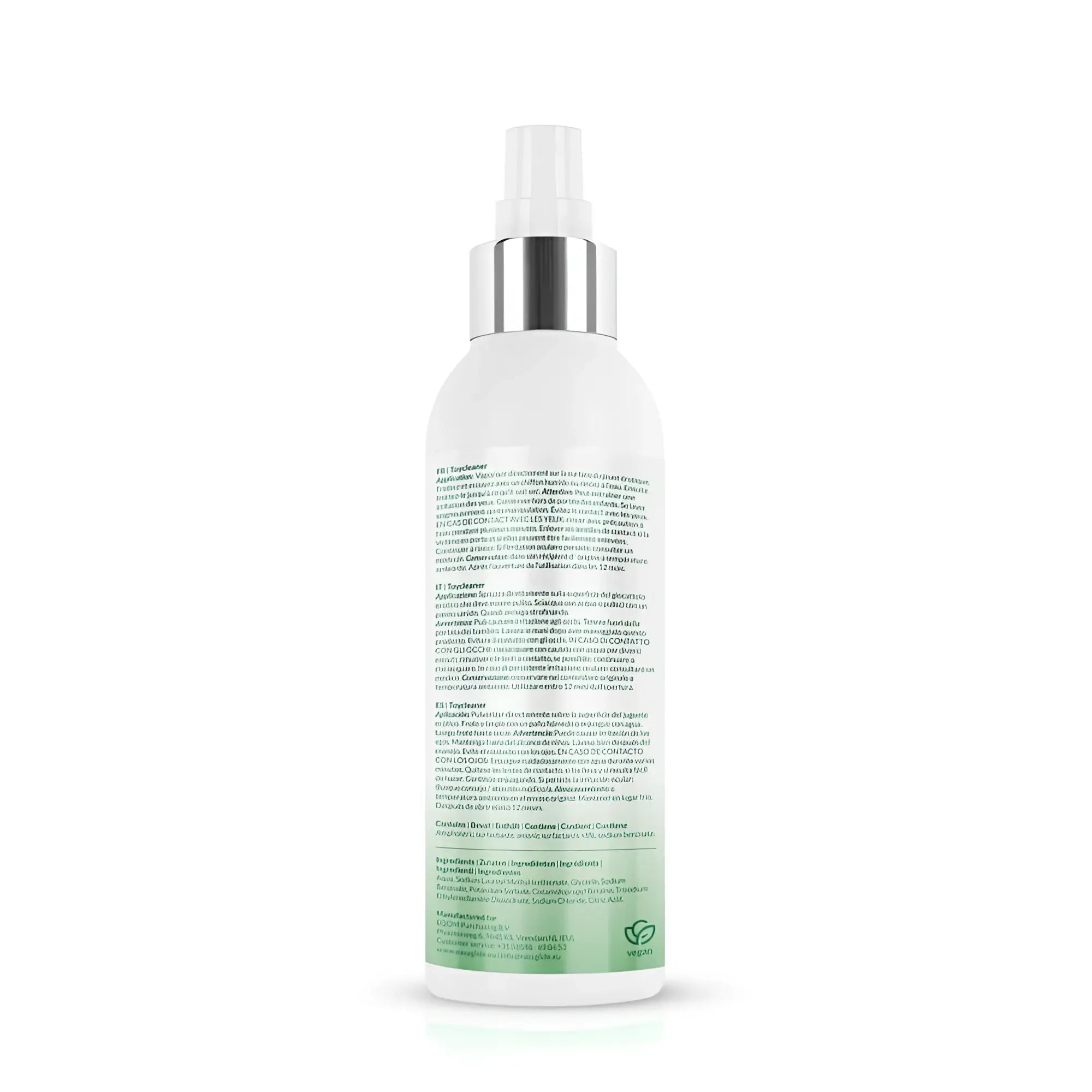 White plastic spray bottle with silver metallic cap and green label showing back of easyglide sensitive toy cleaner 150ml