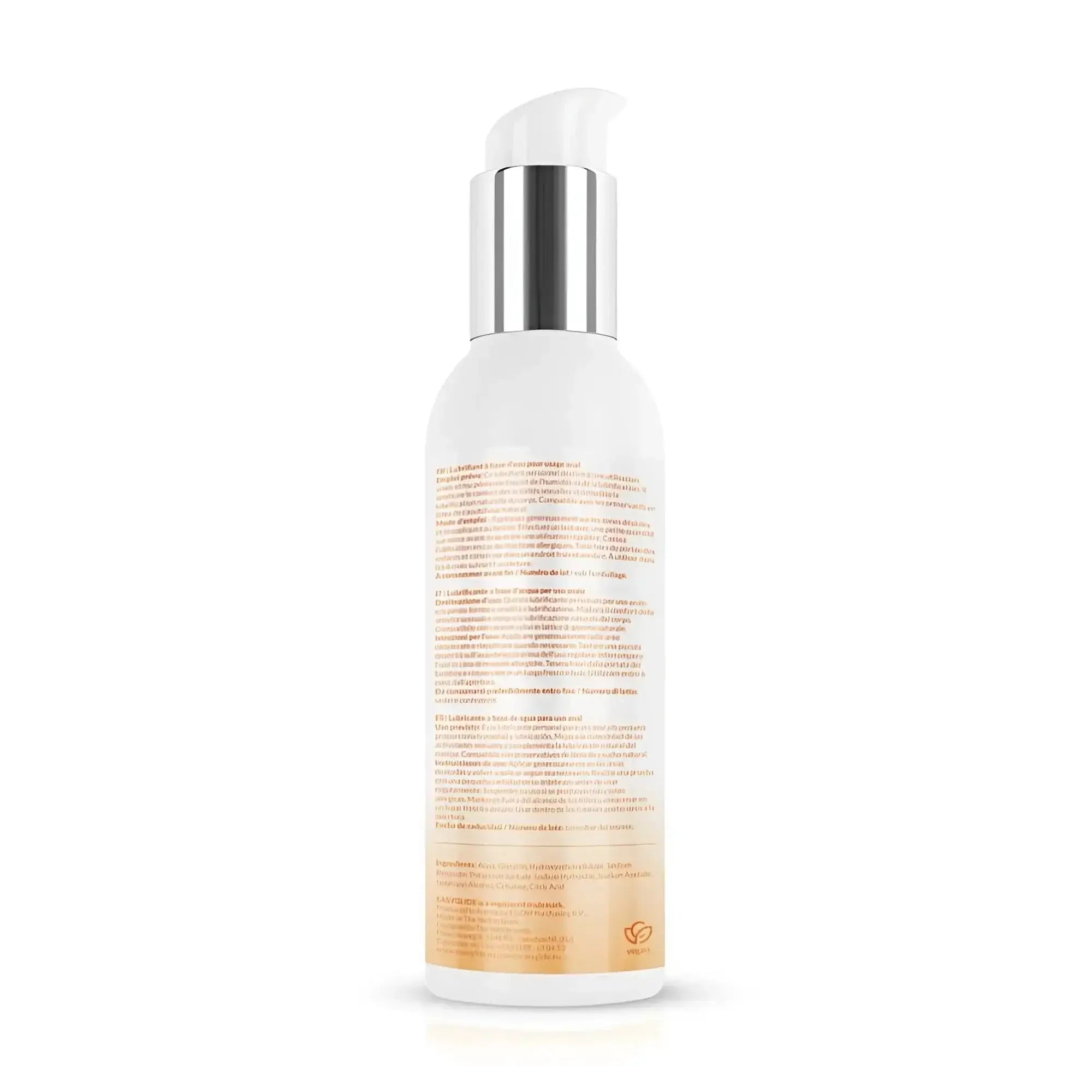White bottle with silver pump and orange label of easyglide sensitive water based anal lubricant 150ml
