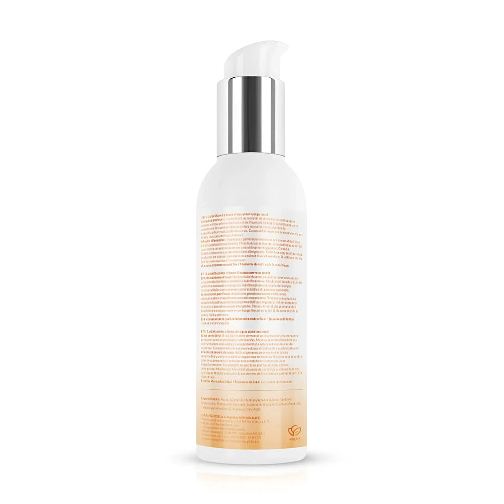 White bottle with silver pump and orange label of easyglide sensitive water based anal lubricant 150ml