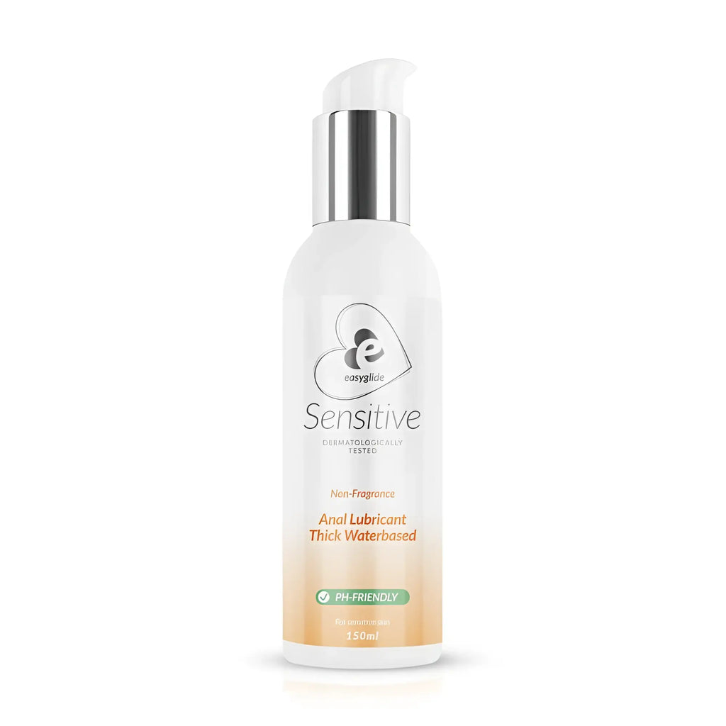 White plastic bottle with silver pump of easyglide sensitive non-fragrance thick water-based anal lubricant 150ml