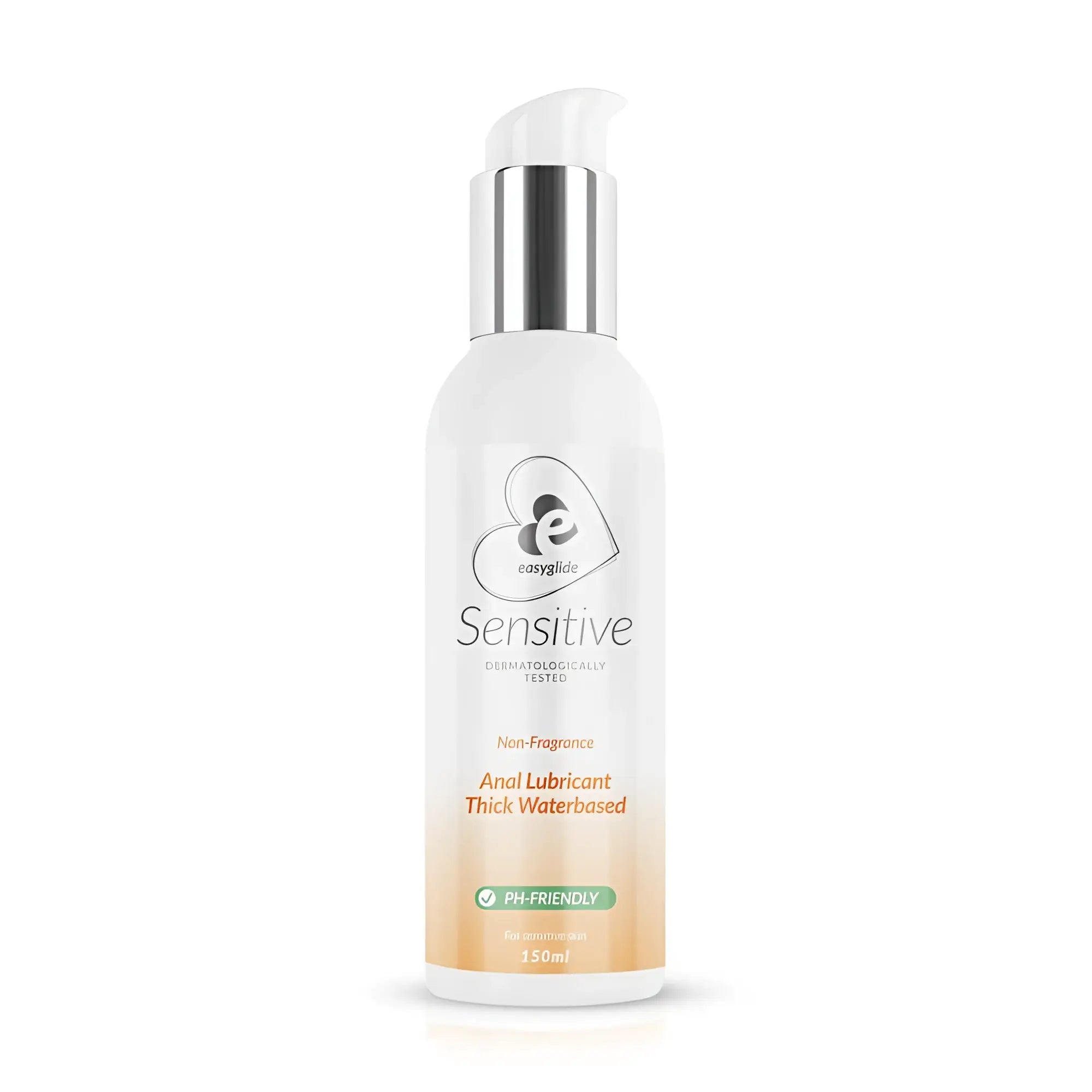 White plastic bottle with silver pump of easyglide sensitive non-fragrance thick water-based anal lubricant 150ml