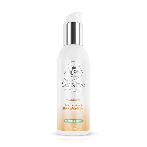 White plastic bottle with silver pump of easyglide sensitive non-fragrance thick water-based anal lubricant 150ml
