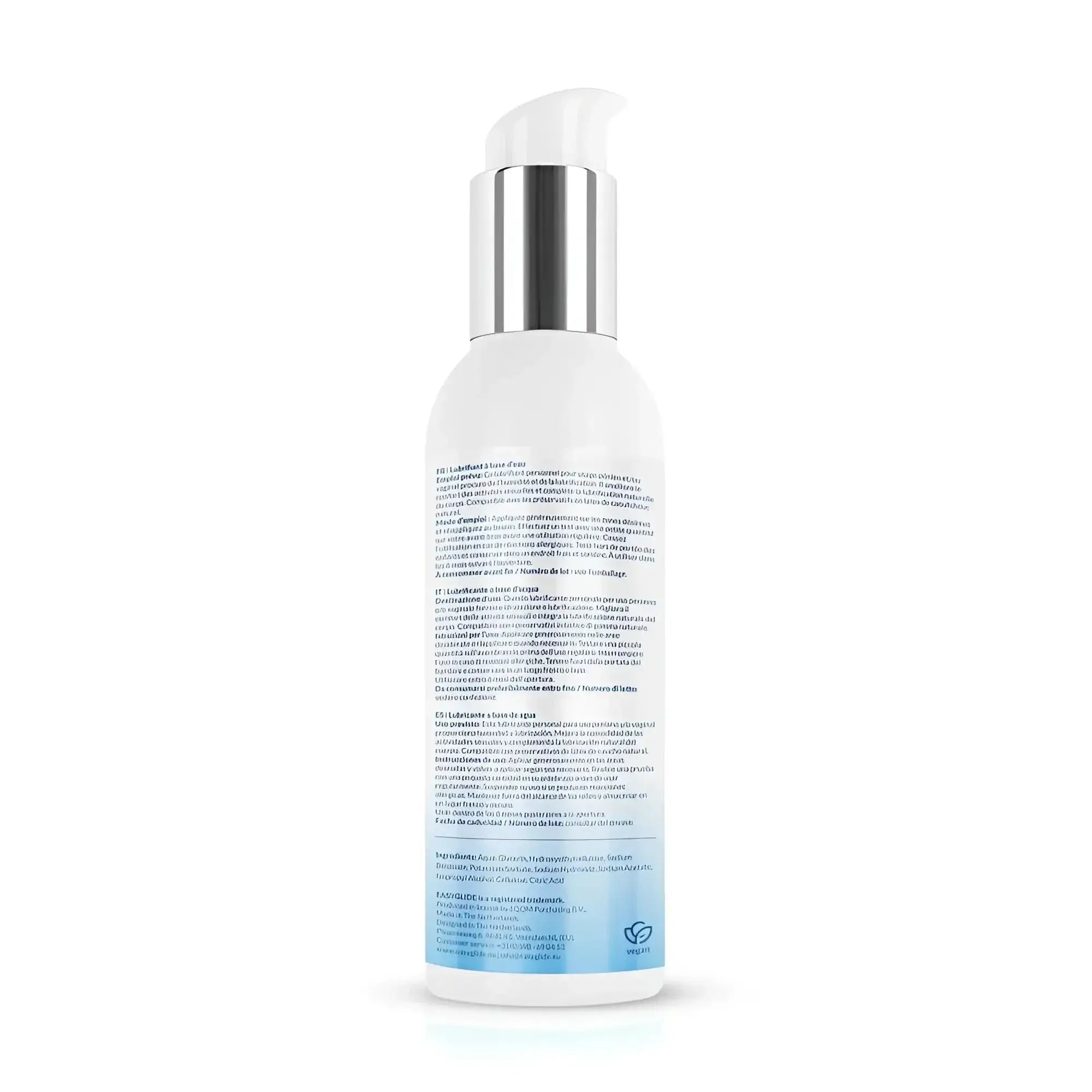 A sleek white bottle with silver pump and light blue labeling of easyglide sensitive water based lubricant 150ml