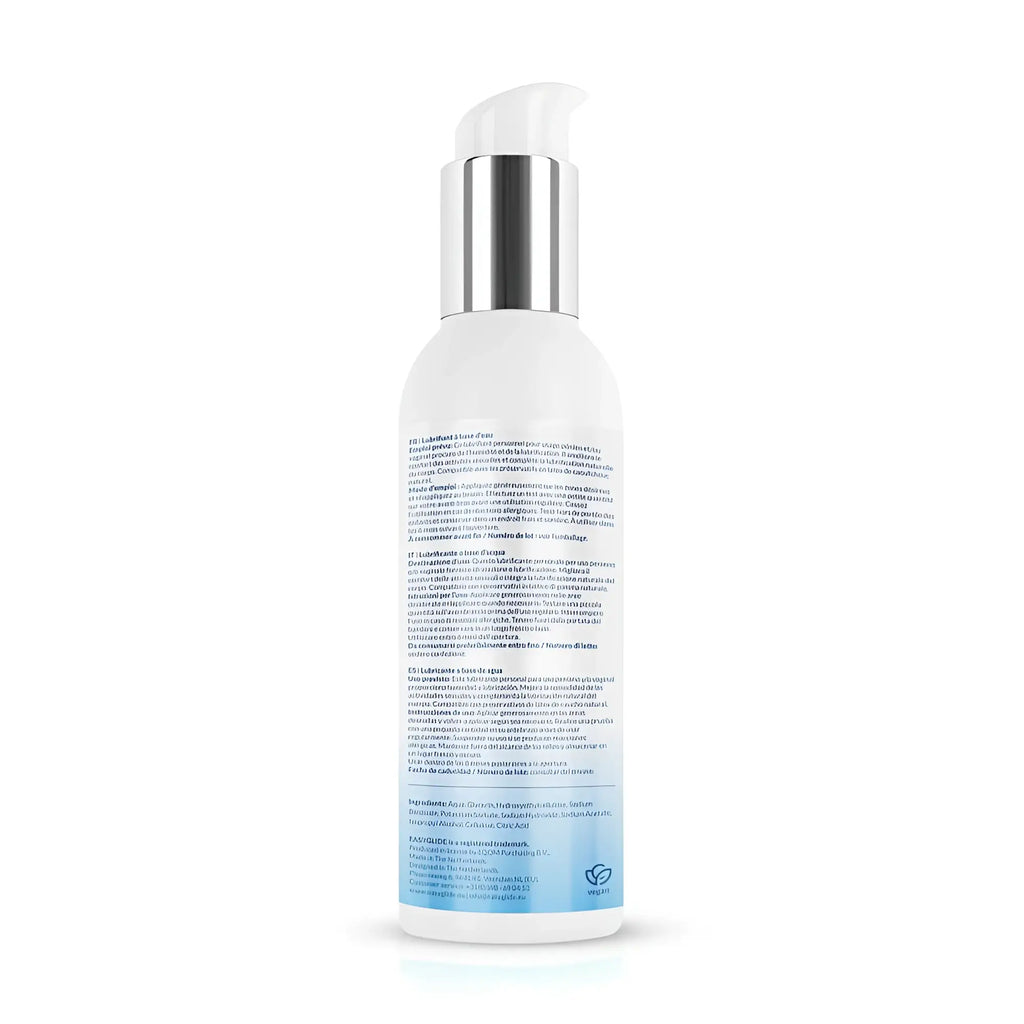 A sleek white bottle with silver pump and light blue labeling of easyglide sensitive water based lubricant 150ml