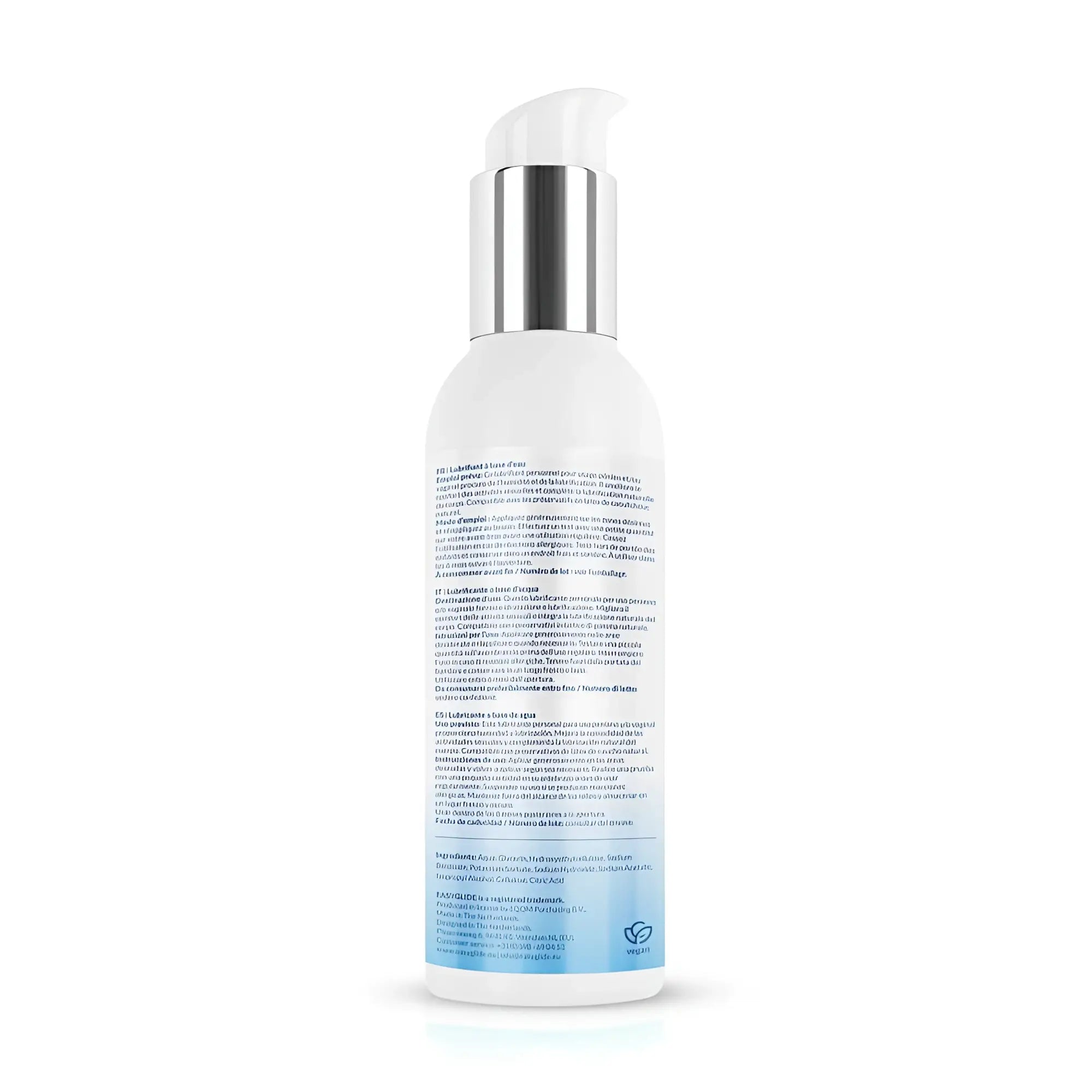A sleek white bottle with silver pump and light blue labeling of easyglide sensitive water based lubricant 150ml