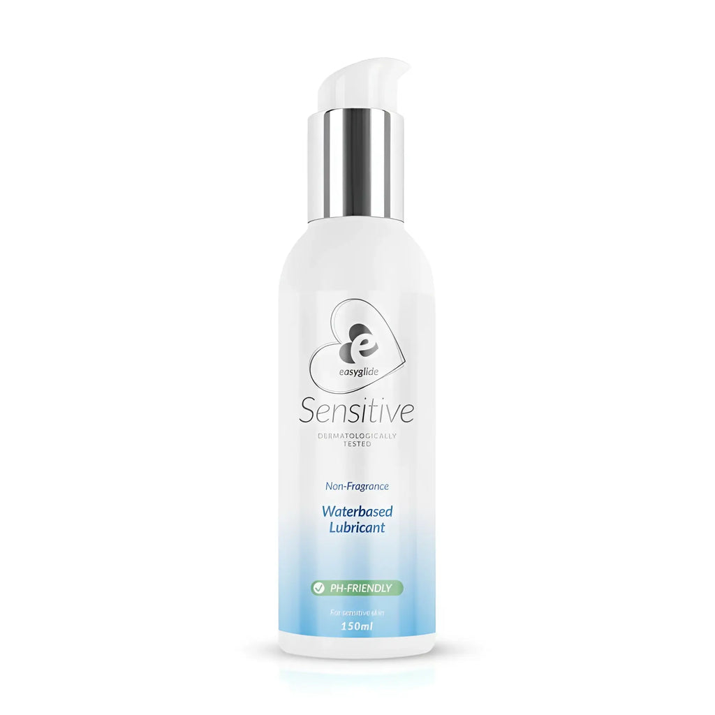 Easyglide sensitive water based lubricant 150ml in white and light blue gradient bottle with silver pump dispenser