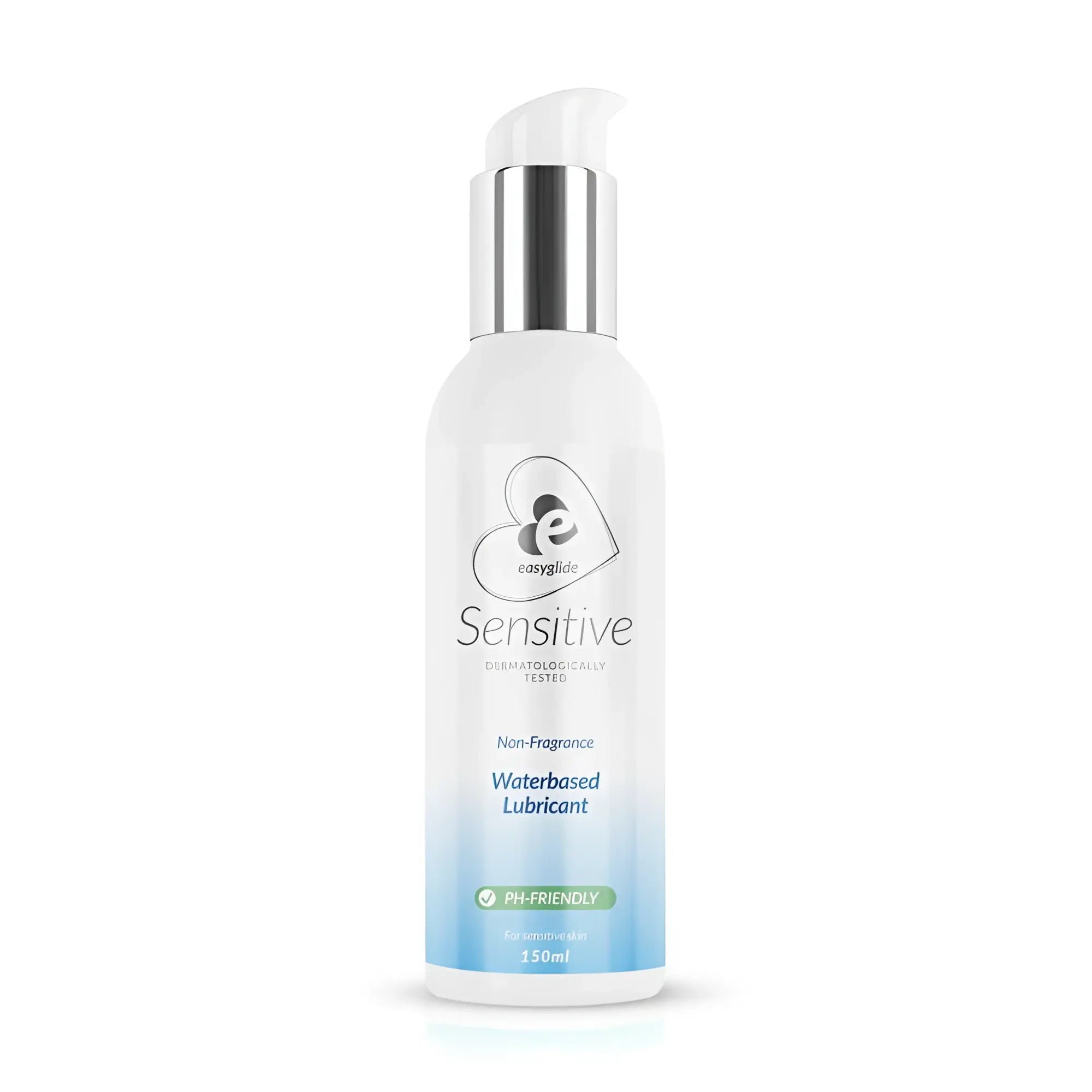 Easyglide sensitive water based lubricant 150ml in white and light blue gradient bottle with silver pump dispenser
