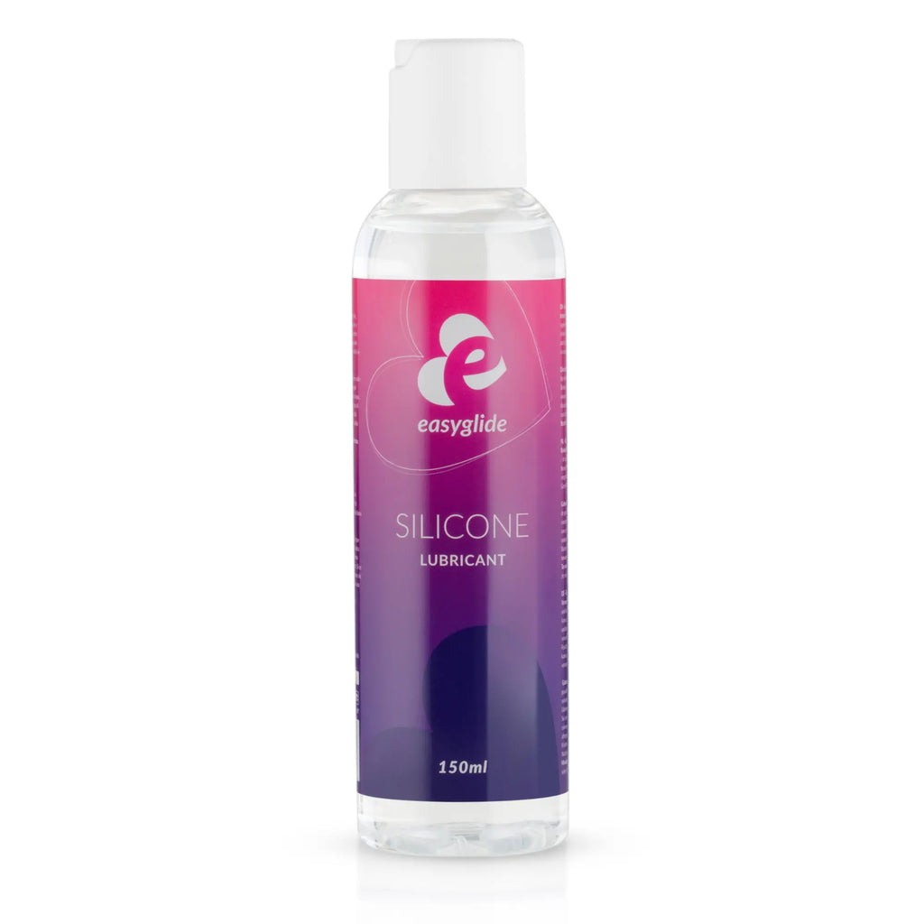 A clear plastic bottle of easyglide silicone lubricant 150ml with a pink to purple gradient label and white cap