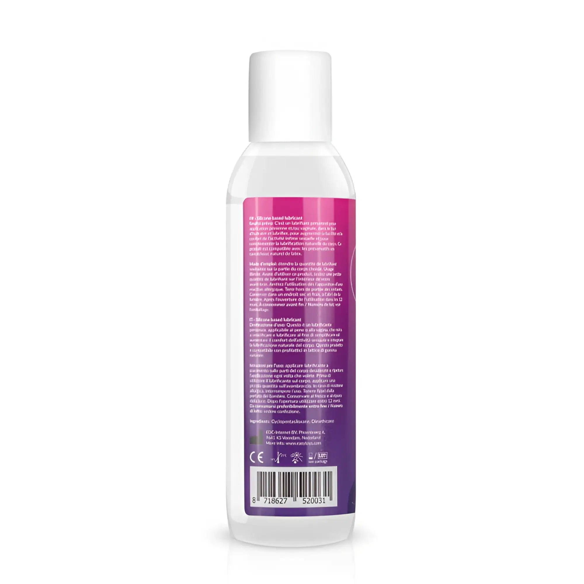 Clear plastic bottle with white cap and vibrant pink label showing multilingual text and regulatory symbols for easyglide silicone lubricant 150ml back side