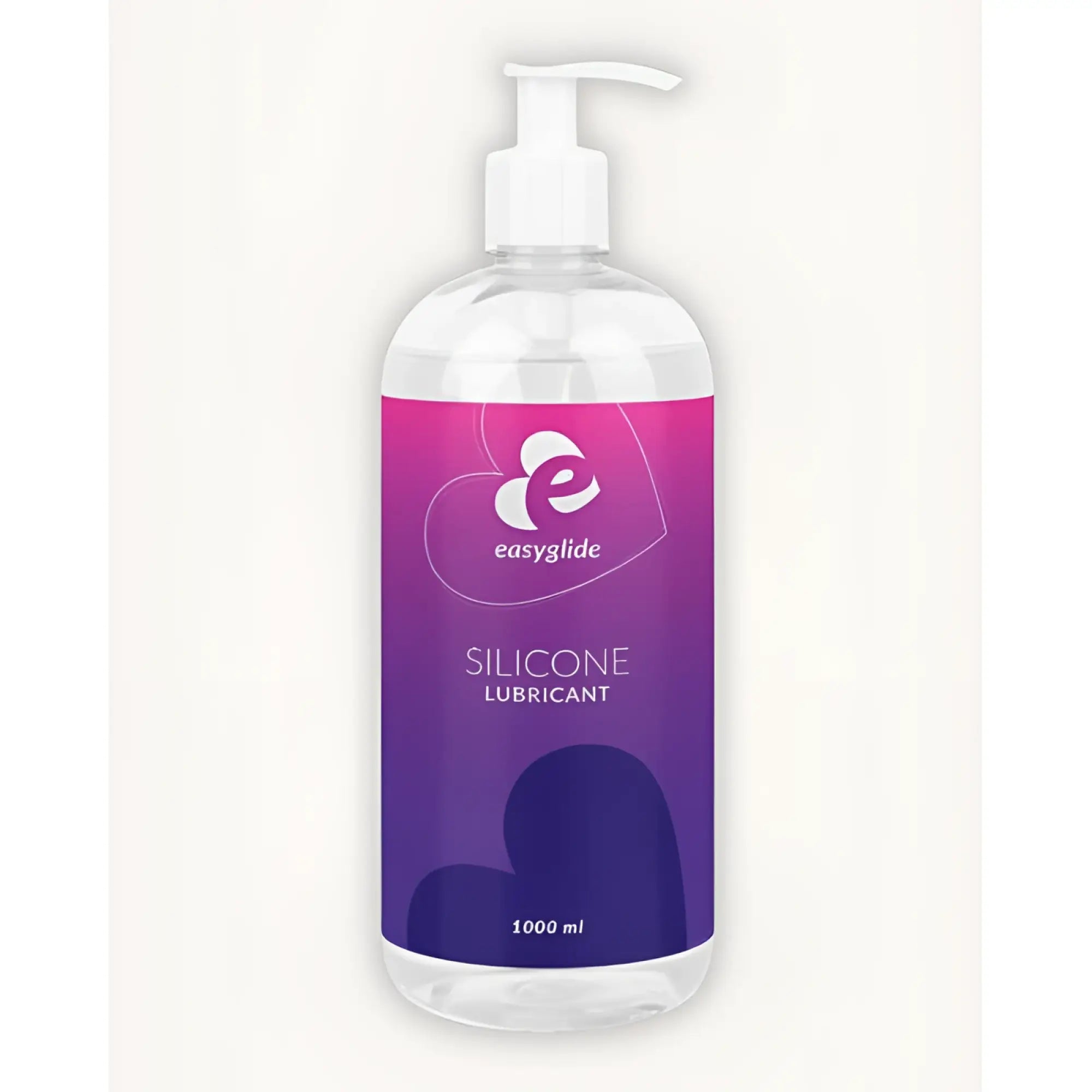 A clear plastic bottle with white pump containing easyglide silicone lubricant in purple and pink packaging 1kg