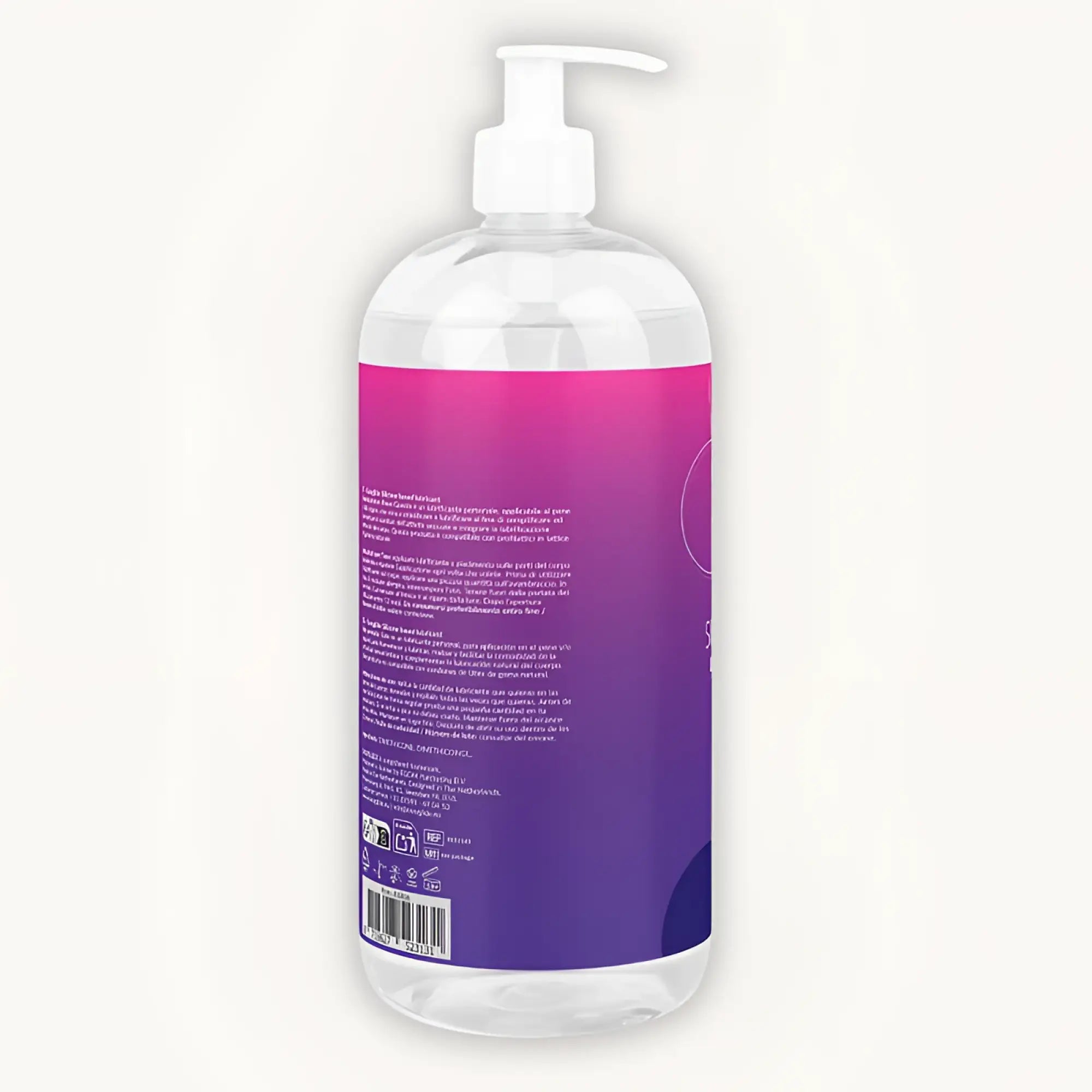 Clear plastic bottle with white pump and pink to purple gradient label of easyglide silicone lubricant 1kg