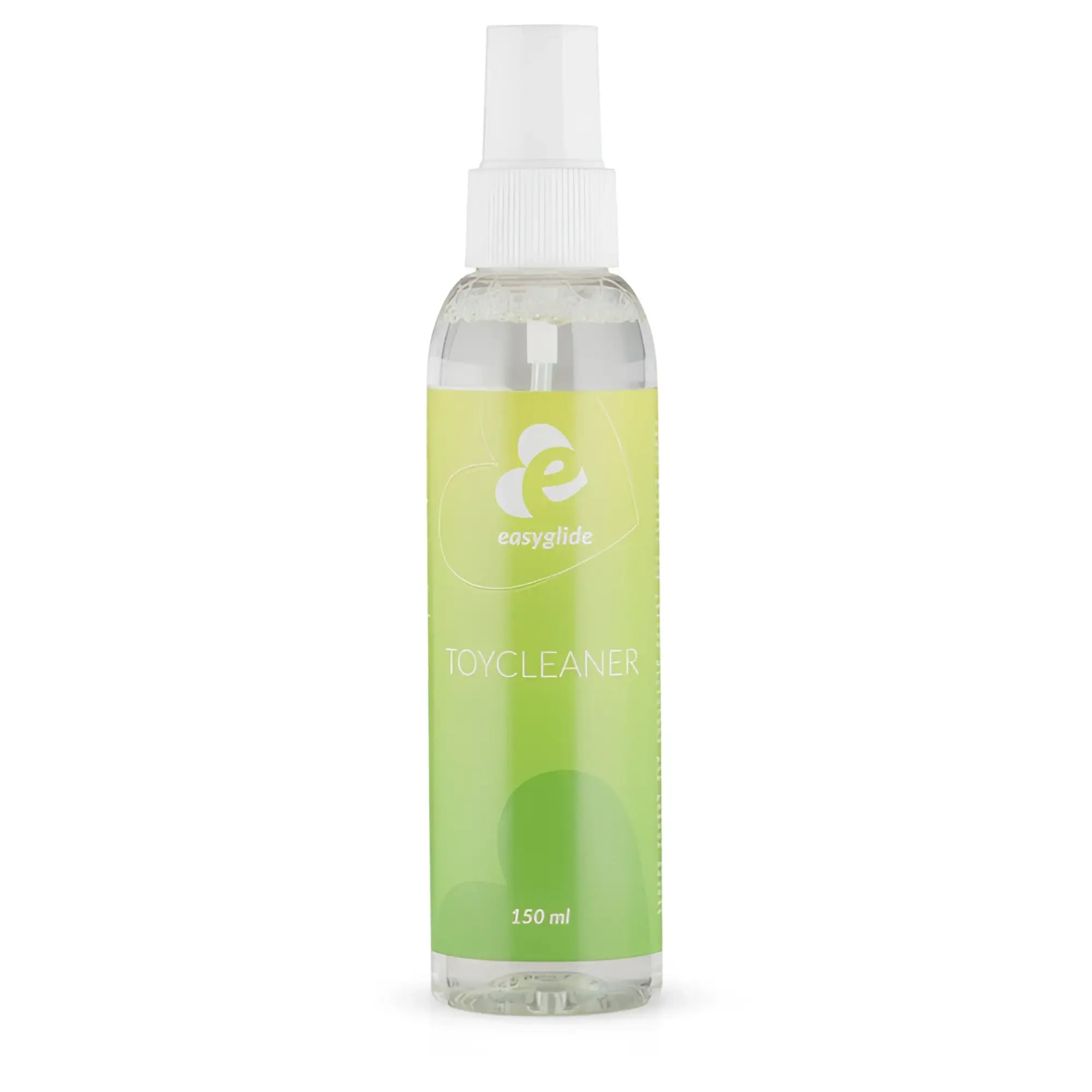 Clear plastic EasyGlide toy cleaner spray bottle with white nozzle and lime green label 150 ml capacity