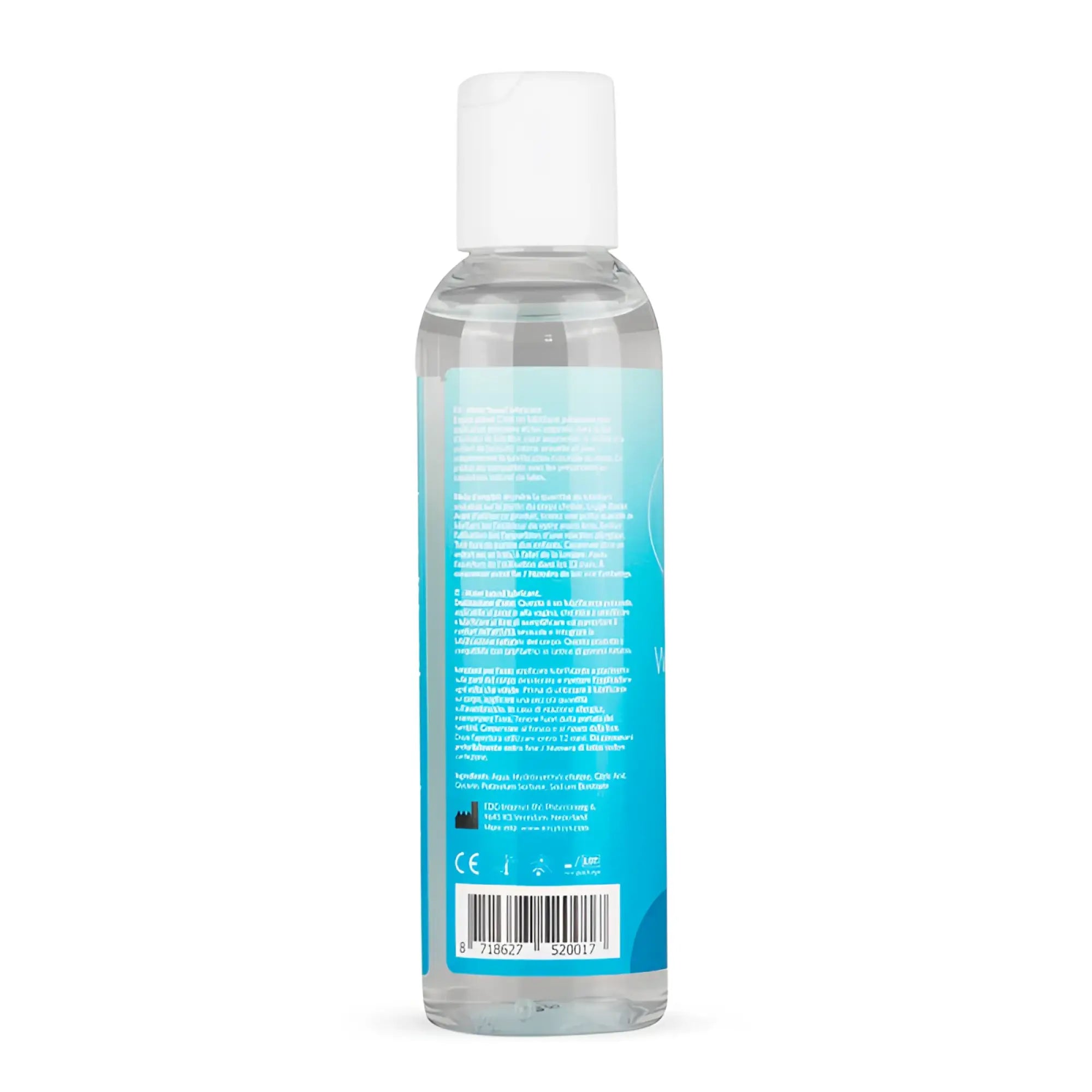 Clear plastic bottle with white cap and light blue label showing text and barcode of easyglide water based lubricant 150ml back view