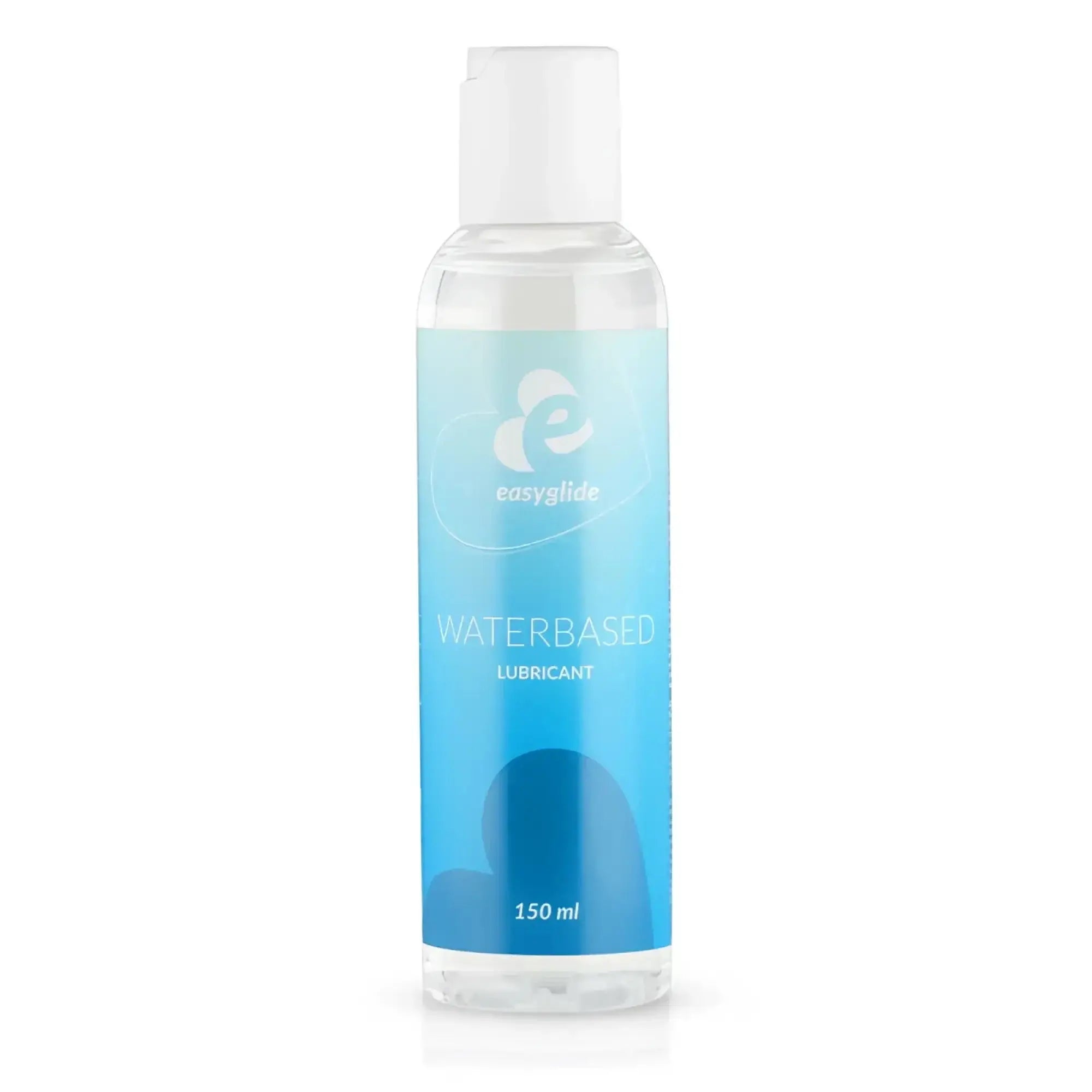 Clear plastic bottle with white cap and blue gradient label of easyglide water based lubricant 150ml