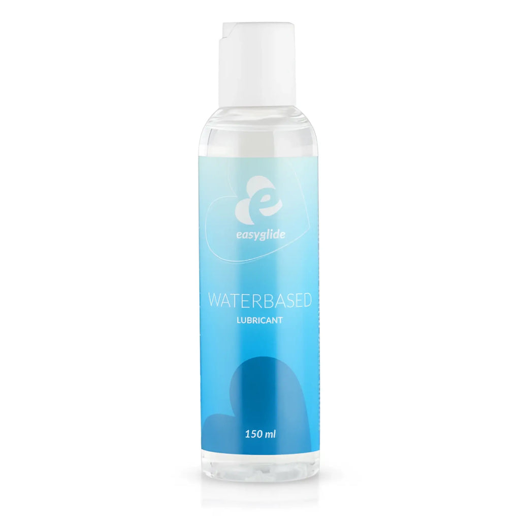 Clear plastic bottle with white cap and blue gradient label of easyglide water based lubricant 150ml
