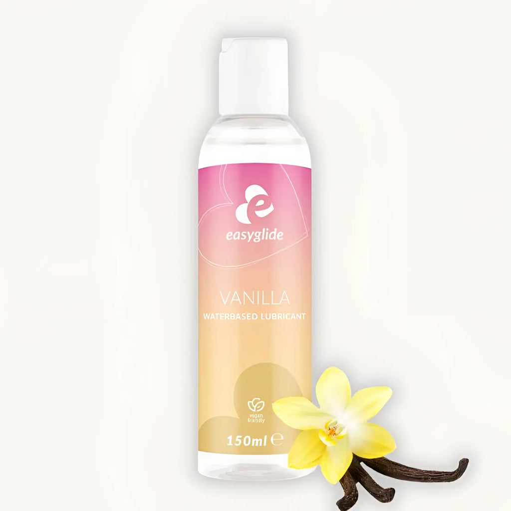 A clear plastic bottle of easyglide vanilla water based lubricant 150ml with a pink and peach gradient label