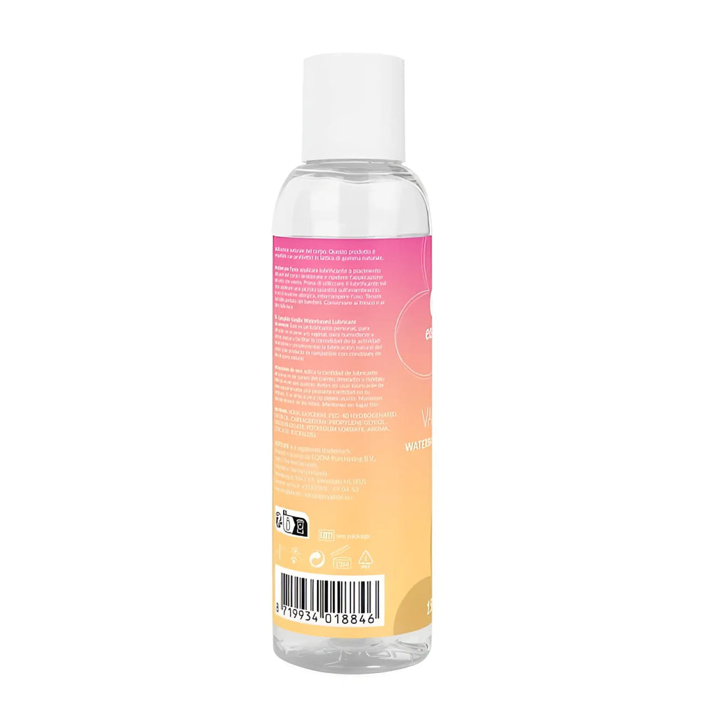 Clear plastic bottle with white cap and gradient pink to yellow label of easyglide water based vanilla lubricant 150ml