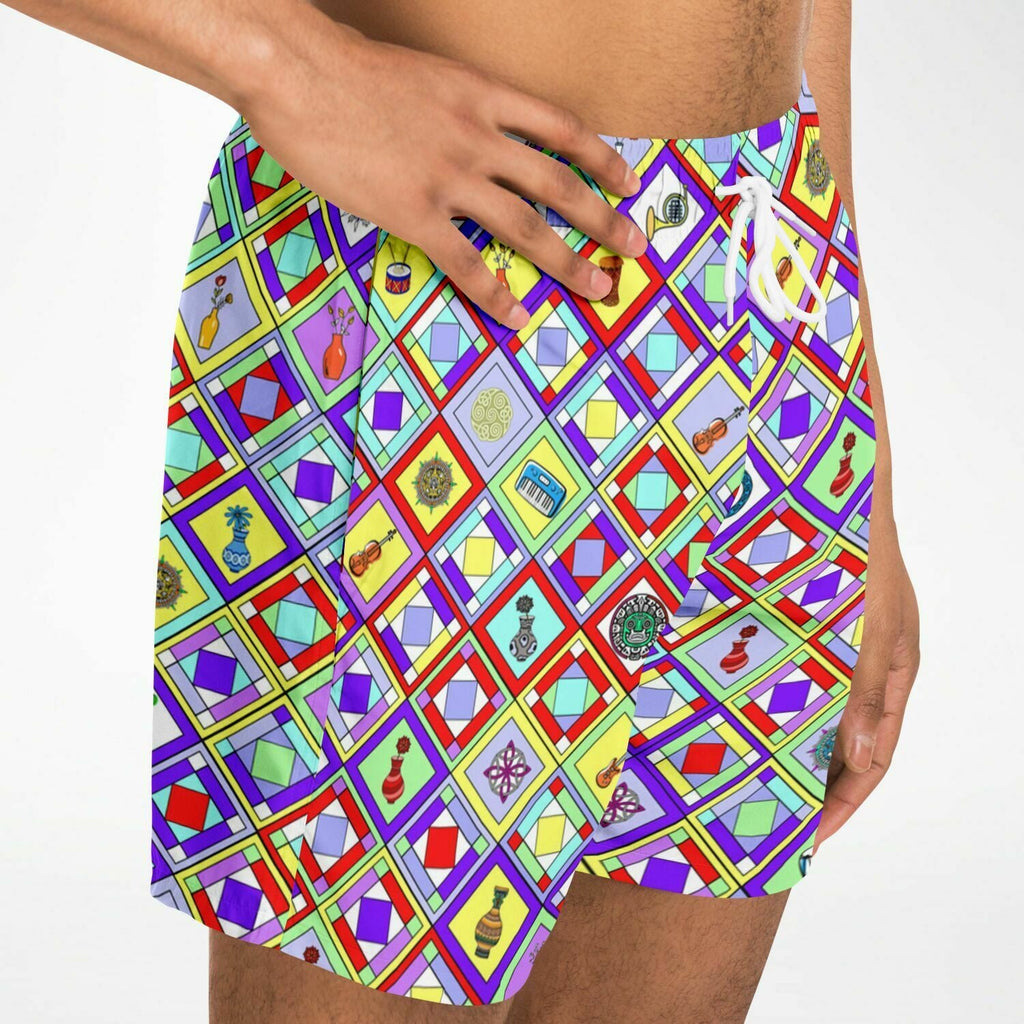 Maris Equi 1960's Style Colorful Diamond Print Retro Men's Swim Shorts Trunks