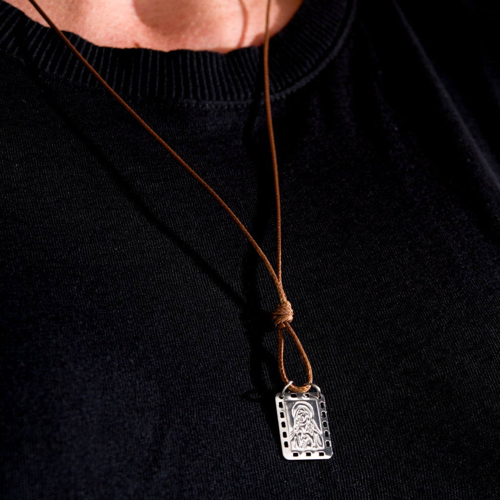 CA-RIO-CA Nossa Senhora do Carmo Scapular with brown leather cord - Men's Necklace - Male Jewelry