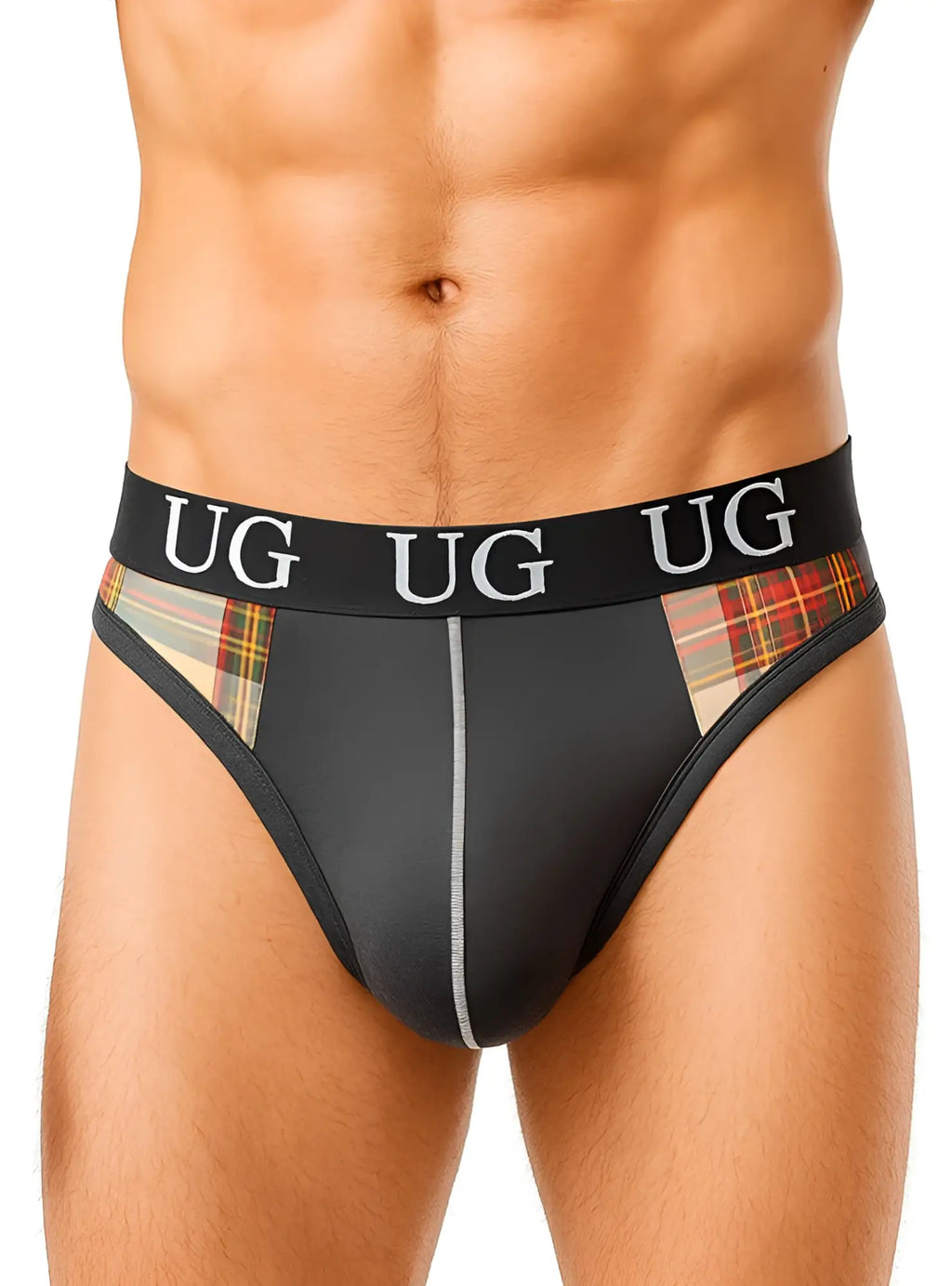 Black ug branded edge cotton thong briefs with plaid side panels and silver seam showing front view