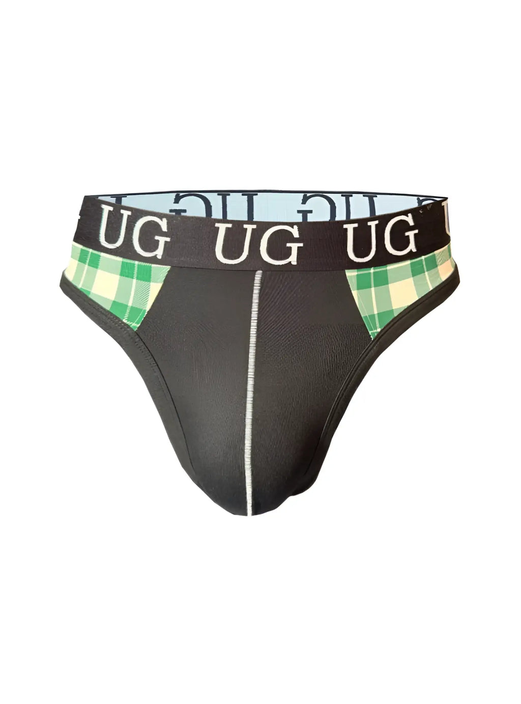 Black Edge Cotton Thong underwear with green and white plaid side accents and a white vertical front seam