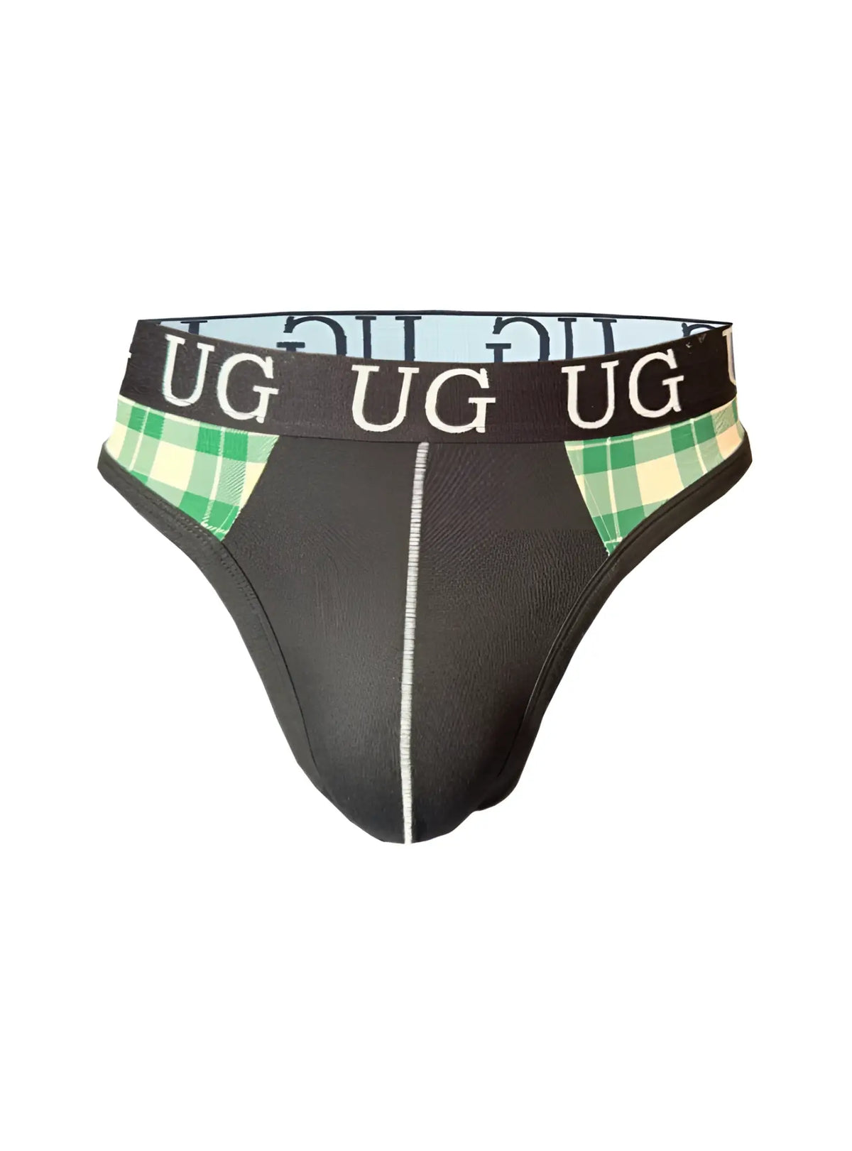 Black Edge Cotton Thong underwear with green and white plaid side accents and a white vertical front seam