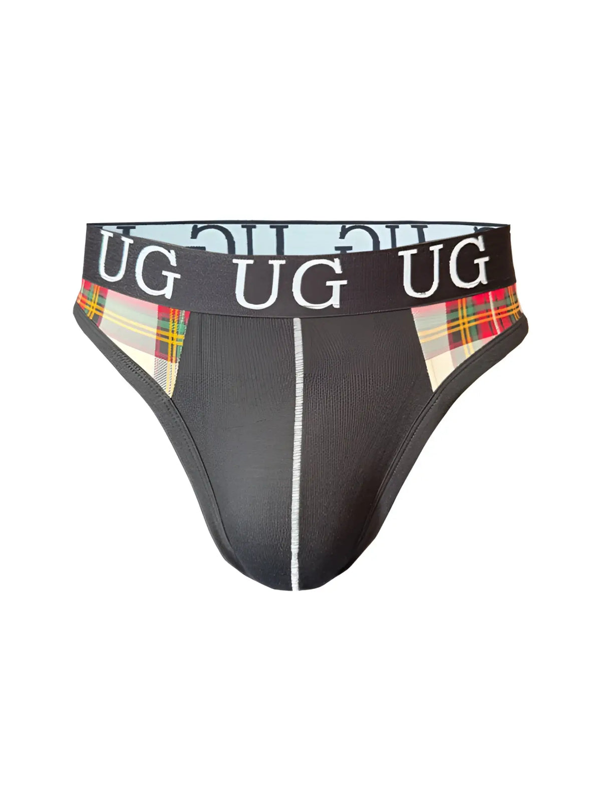 Black edge cotton thong underwear with plaid side panels and white stitching down the center front