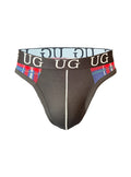Brown edge cotton thong underwear with plaid side panels and white lettering on the waistband
