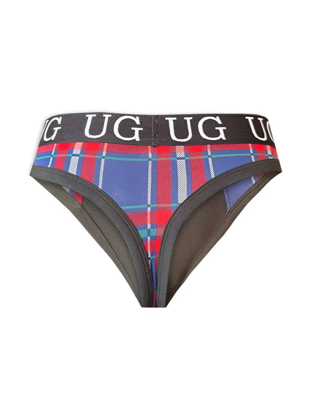 Edge cotton thong in red blue and white plaid cotton with a black logo elastic waistband front view