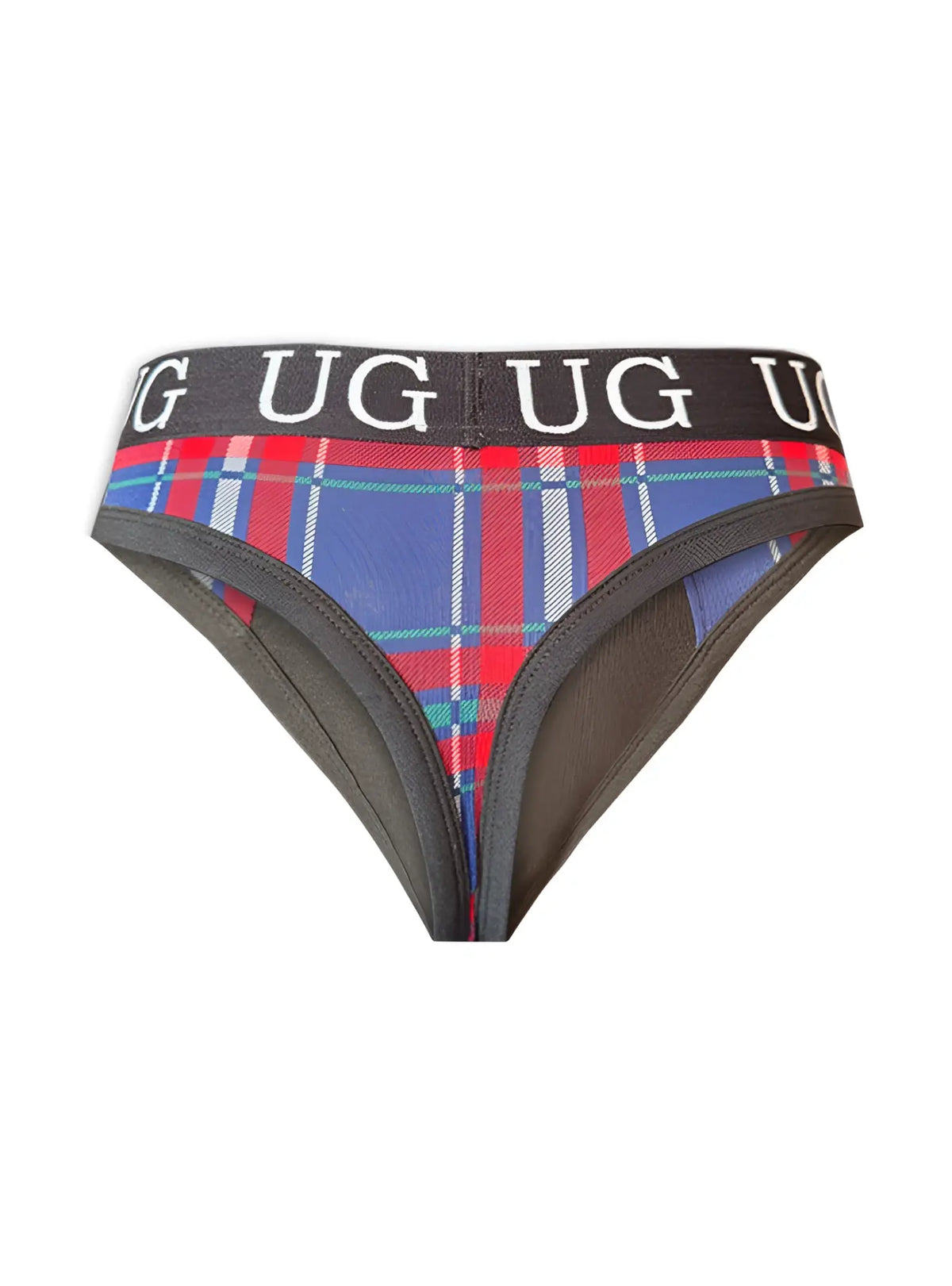 Edge cotton thong in red blue and white plaid cotton with a black logo elastic waistband front view