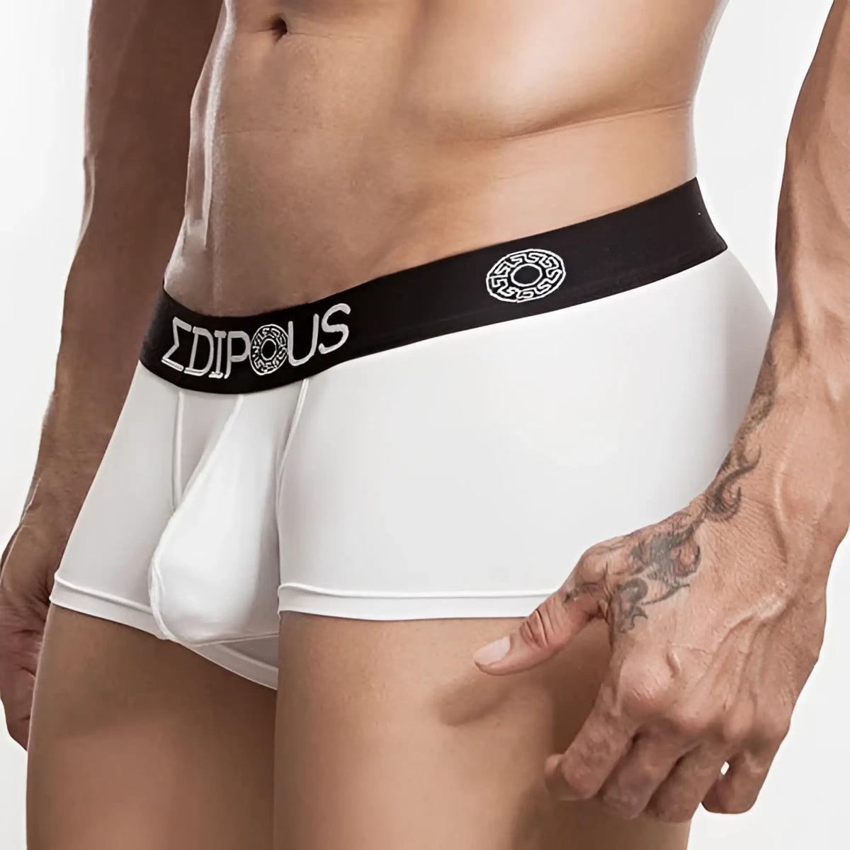 White menâ€™s briefs edipous ed5404 with black waistband featuring edipus brand name and circular logo