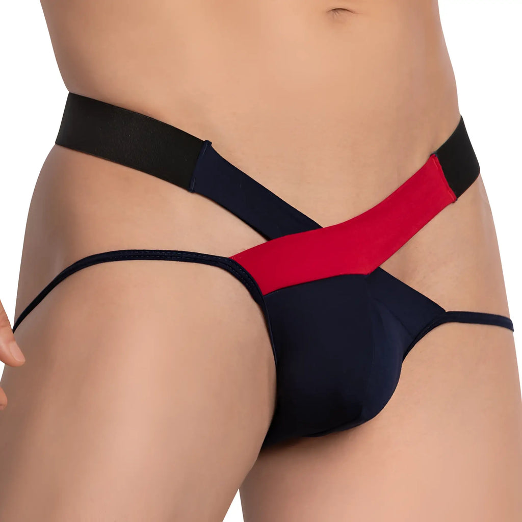 Edipous ede005 jockstrap in black and red athletic-style briefs with bold contrasting color block design