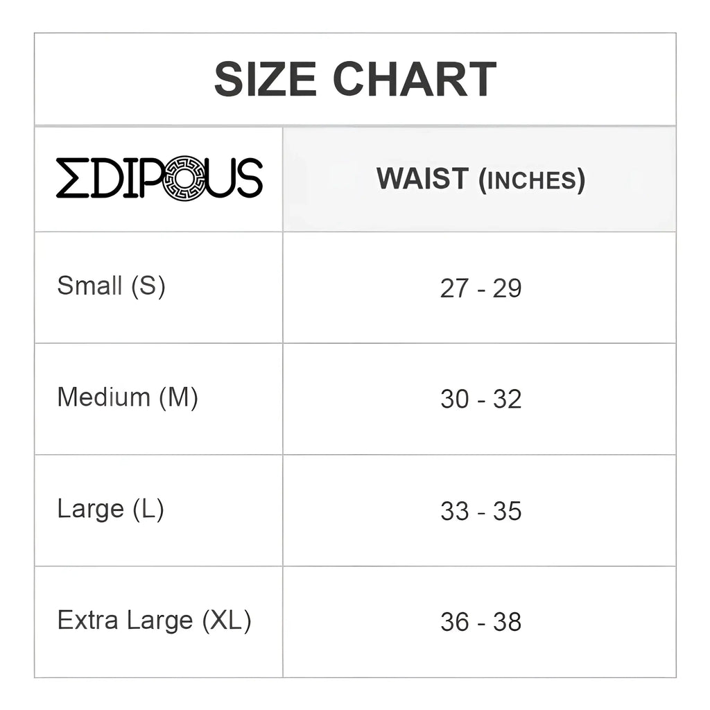 Edipous ede005 jockstrap size chart showing waist measurements in inches for proper fitting and comfort