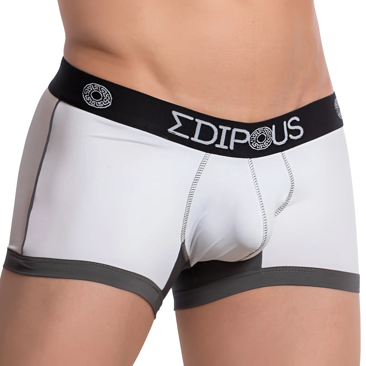 White and gray edipous edg026 boxer briefs with black waistband and white brand lettering for comfortable wear