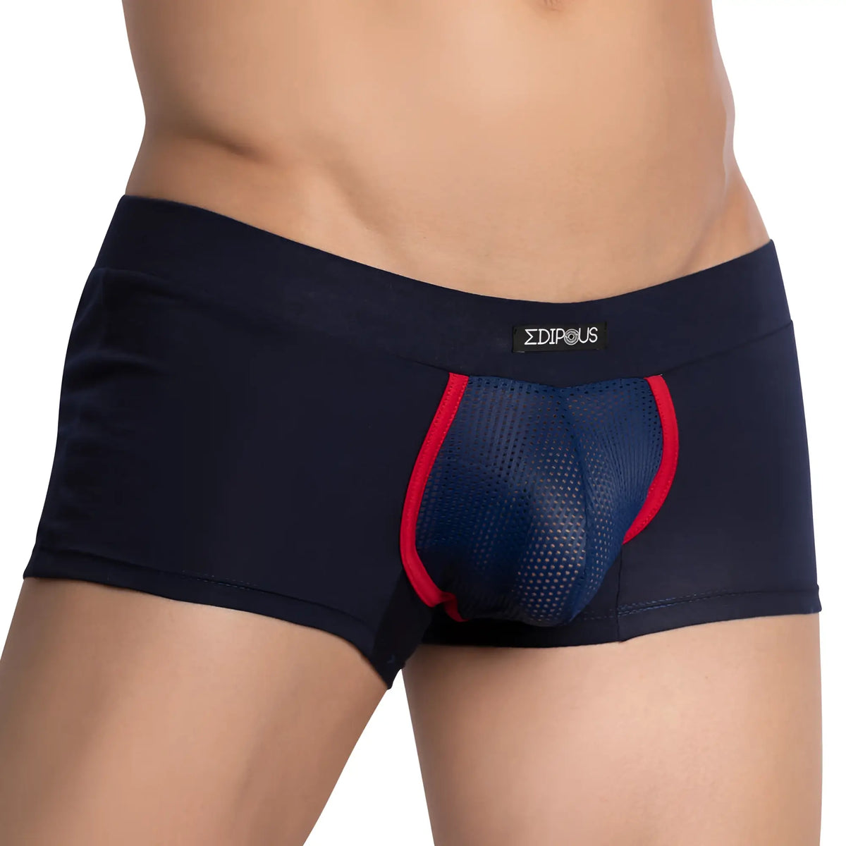 Navy blue and red mesh Edipous EDG032 boxer trunk briefs with branded waistband for comfortable support