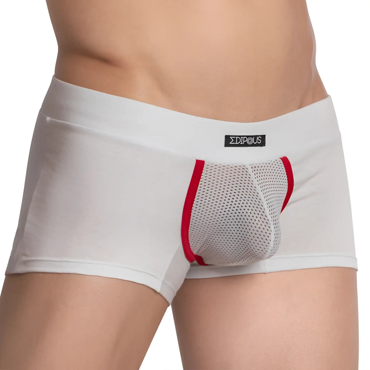 White menâ€™s briefs with red trim and mesh panel featuring edipous brand label in edipous edg032 boxer trunk design