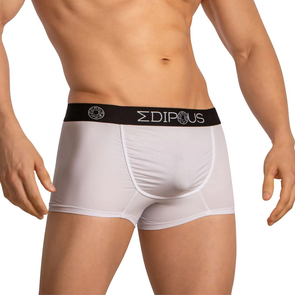 White menâ€™s briefs with black elastic waistband featuring edipous logo in white lettering edgedg036 boxer