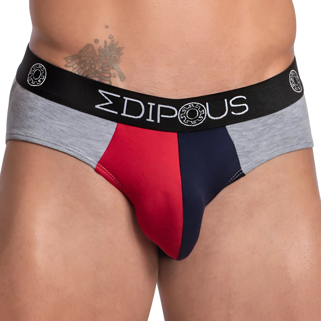 Edipous EDJ019 bikini brief in red and navy blue panels with a grey waistband featuring edipous branding in white