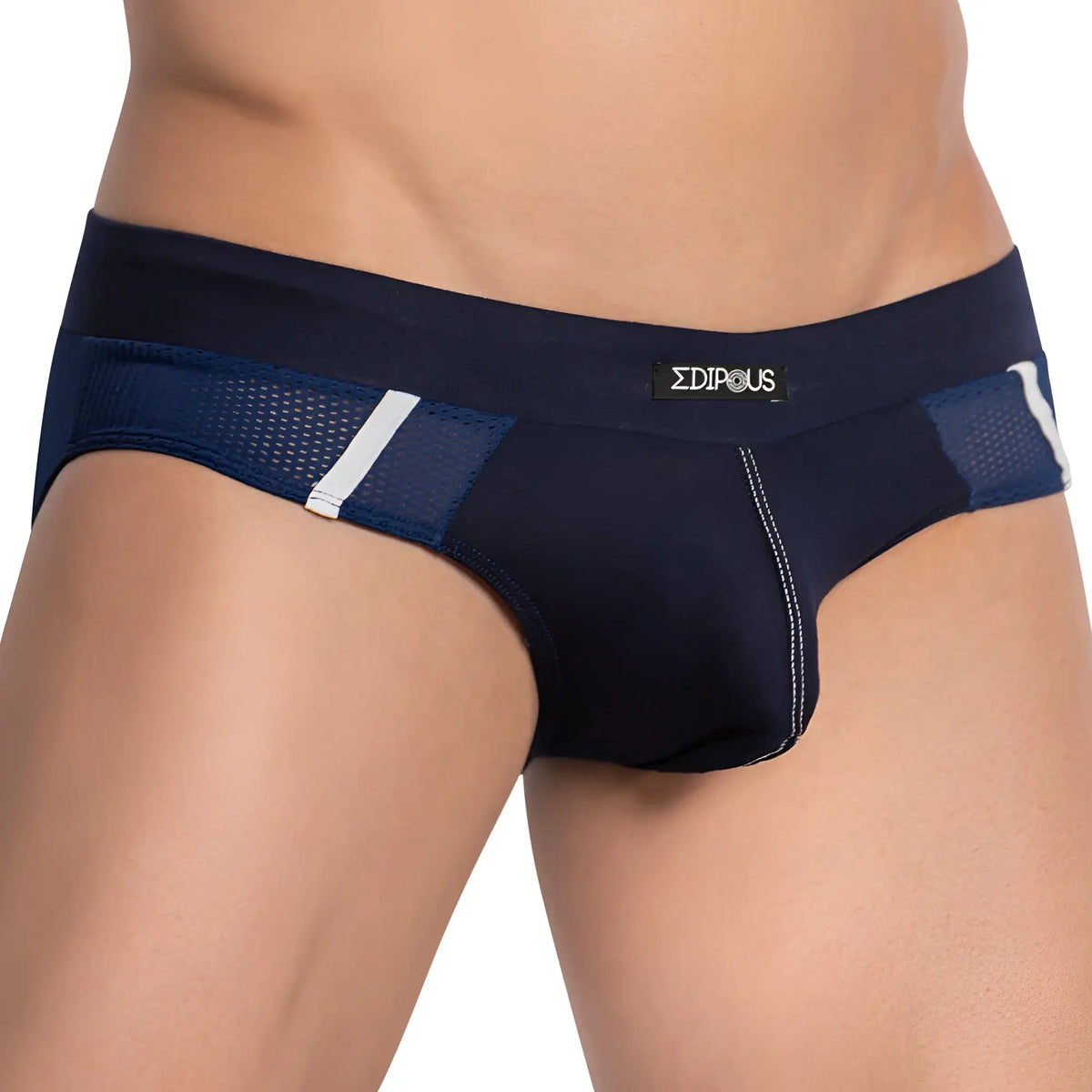 Edipous edj020 navy blue and white mesh-trimmed menâ€™s briefs with branded label and breathable fabric
