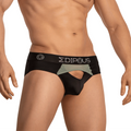 Black menâ€™s Edipous EDJ023 brief underwear with gray mesh panel and Edipous logo on black waistband