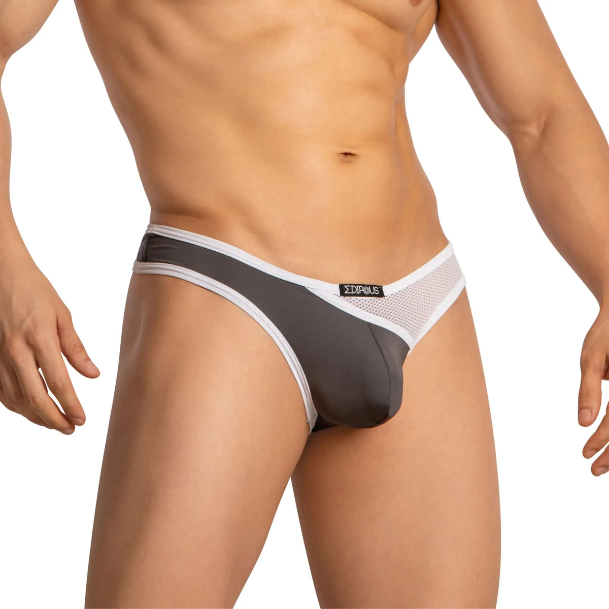 Edipous edk025 thong dark gray and white mesh briefs with sleek form-fitting design front view