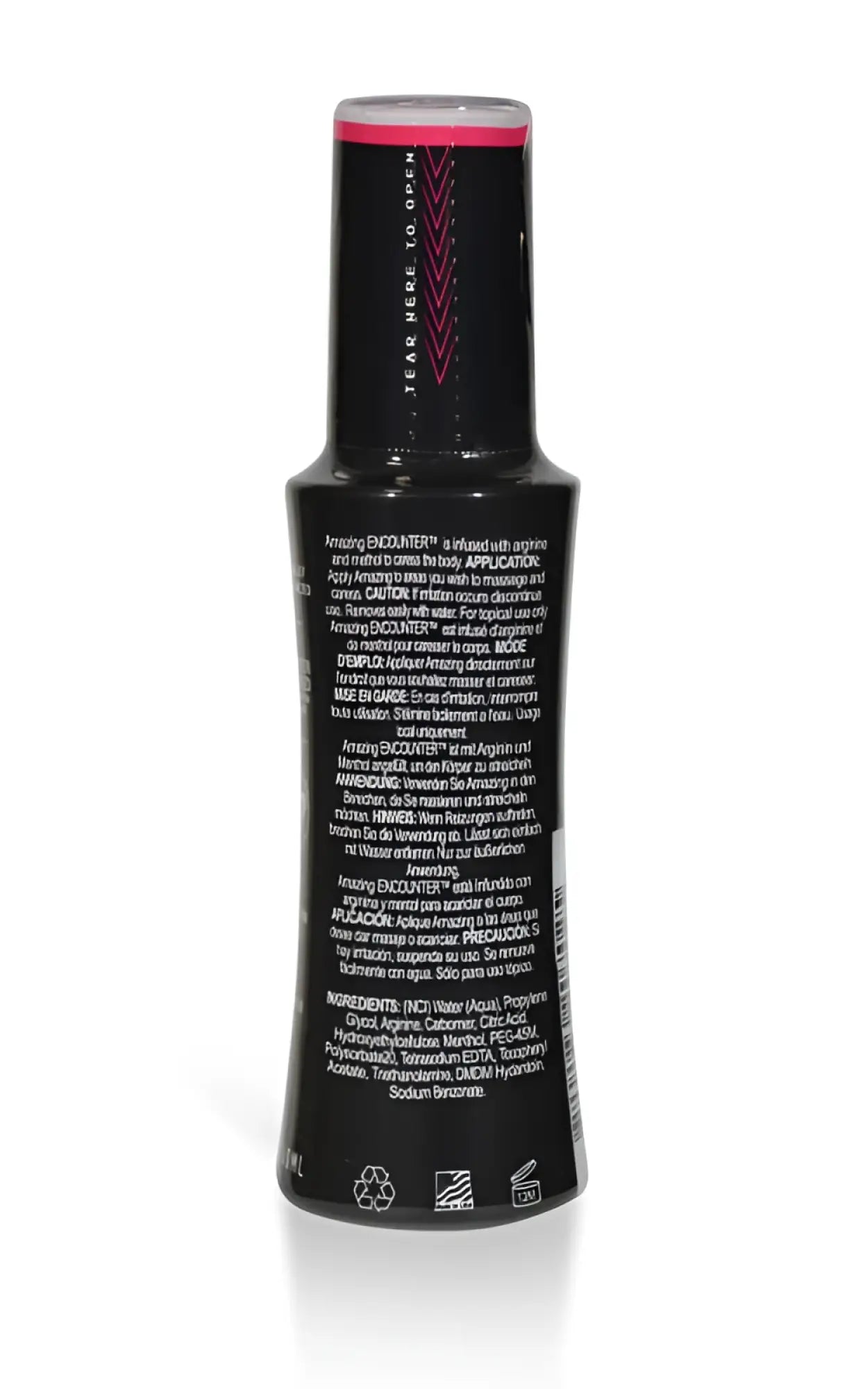 Black spray bottle with pink cap showing the back of elbow grease amazing encounter hybrid g spot lubricant label