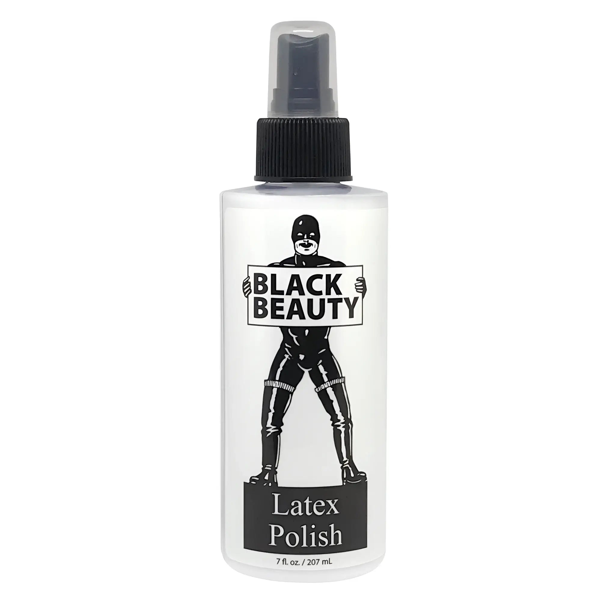 Elbow Grease Black Beauty latex polish spray bottle with clear body black cap and label showing figure in latex gear