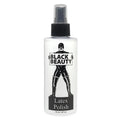 Elbow Grease Black Beauty latex polish spray bottle with clear body black cap and label showing figure in latex gear