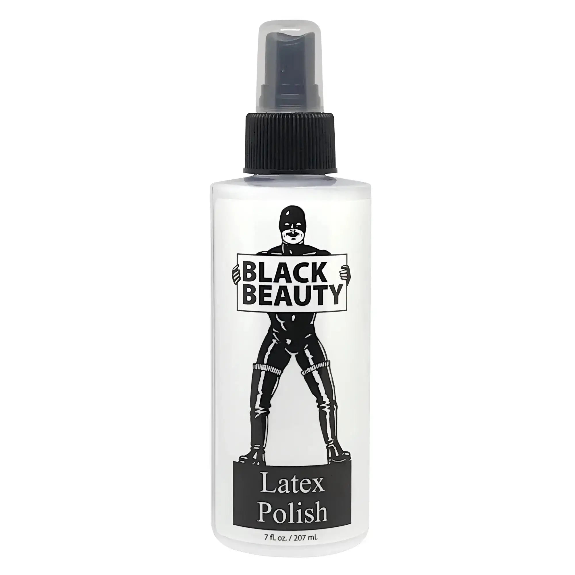 Elbow Grease Black Beauty latex polish spray bottle with clear body black cap and label showing figure in latex gear