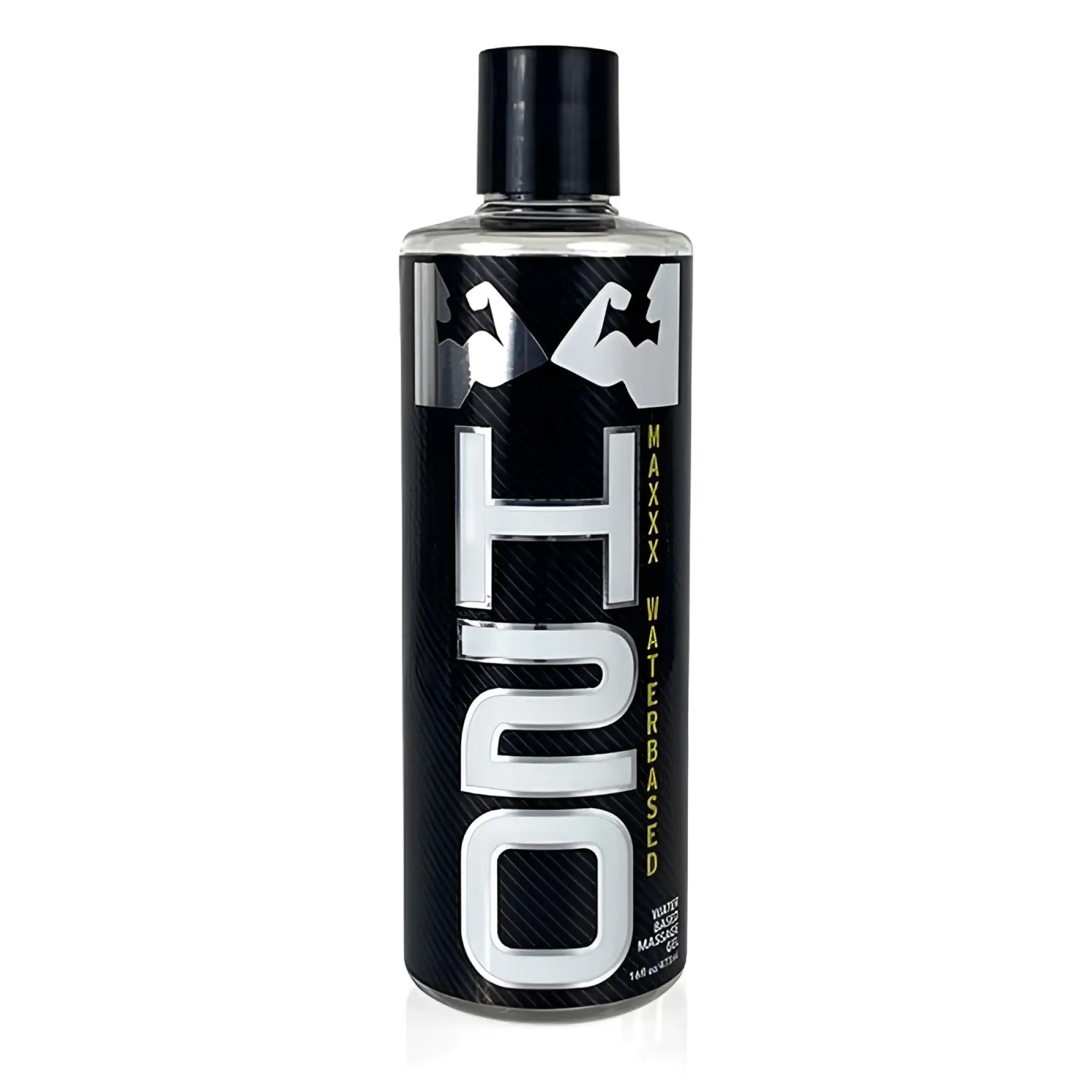 Black and silver maxxx huo water-based lubricant bottle with black cap for elbow grease h2o maxxx gel 16oz 475ml