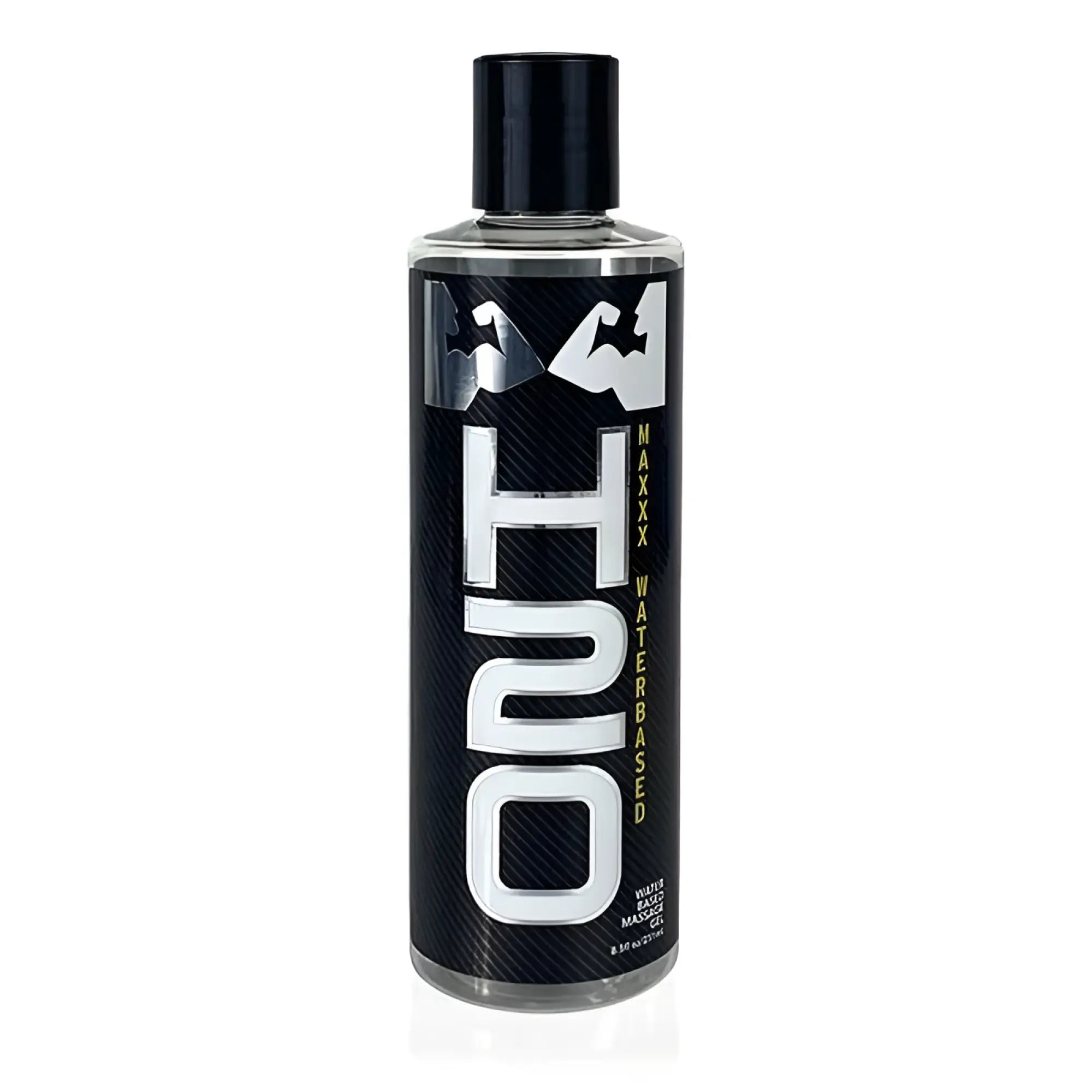 Black cylindrical bottle of maxxxx h2o water-based massage gel with black cap and silver logo for elbow grease use