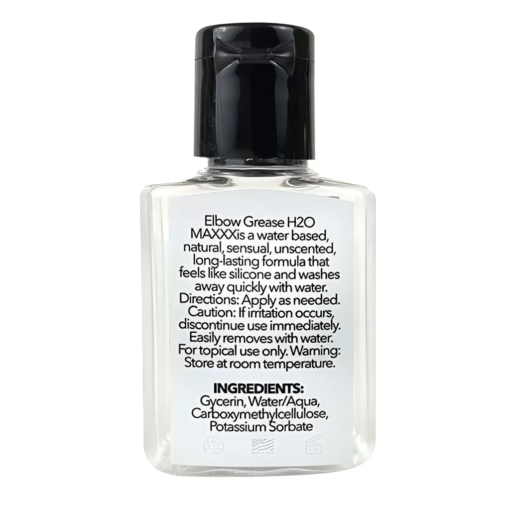 Clear glass bottle with black cap labeled elbow grease h2o maxxx containing water-based lubricant gel travel size 24ml