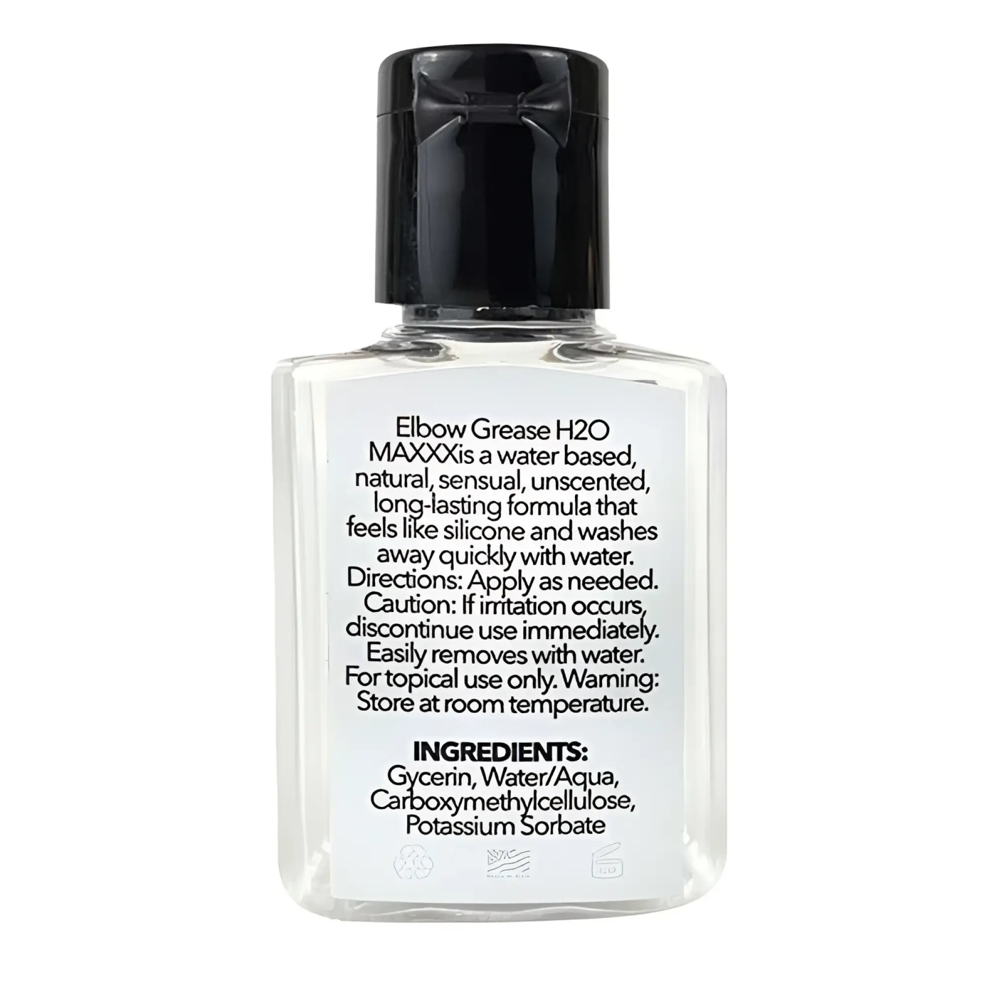 Clear glass bottle with black cap labeled elbow grease h2o maxxx containing water-based lubricant gel travel size 24ml